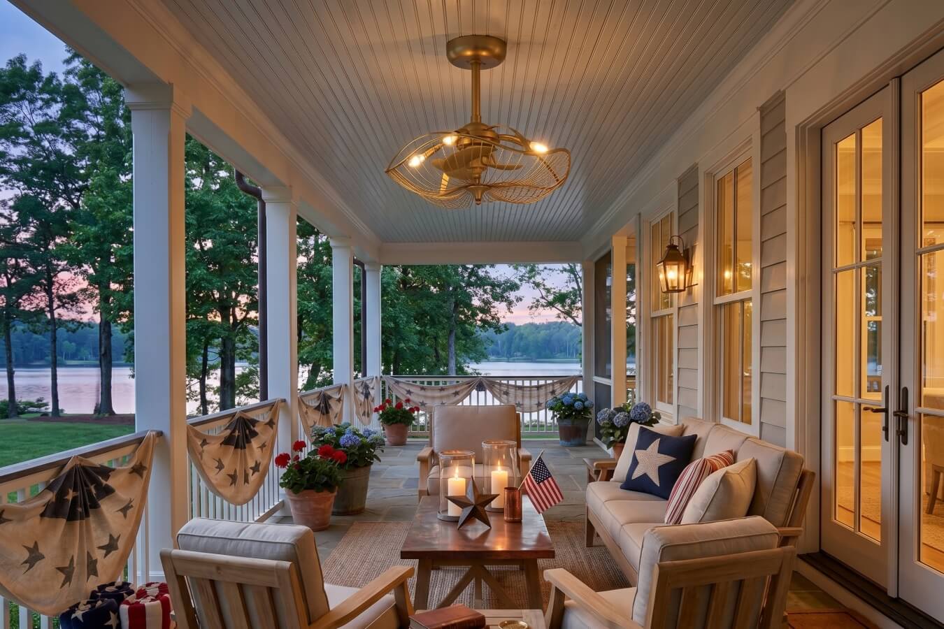 4th of july porch featuring the auri fandelier in aged brass