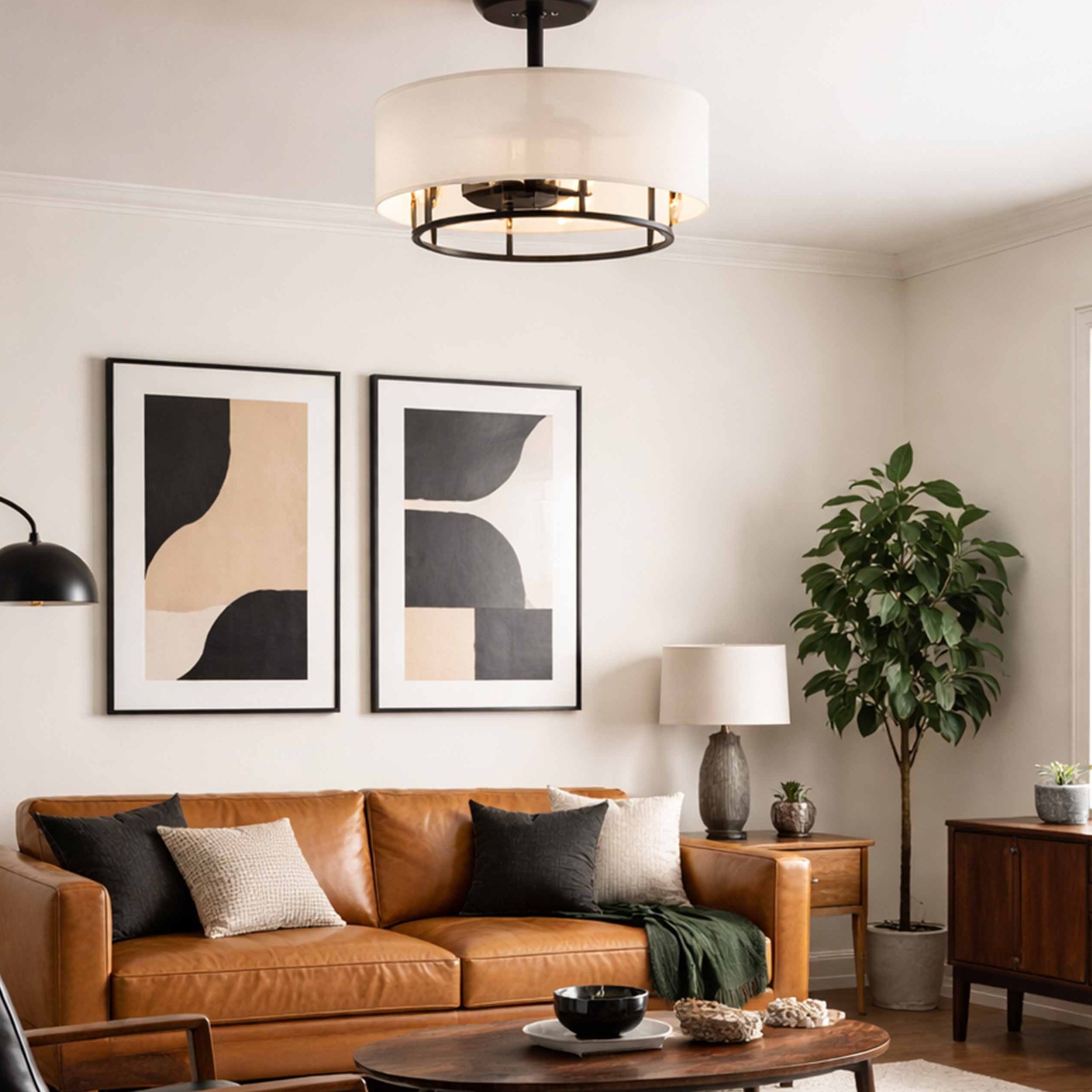 modern living room featuring KAITI™ Fandelier - 20" Drum Shade Ceiling Fan in Matte Black Finish