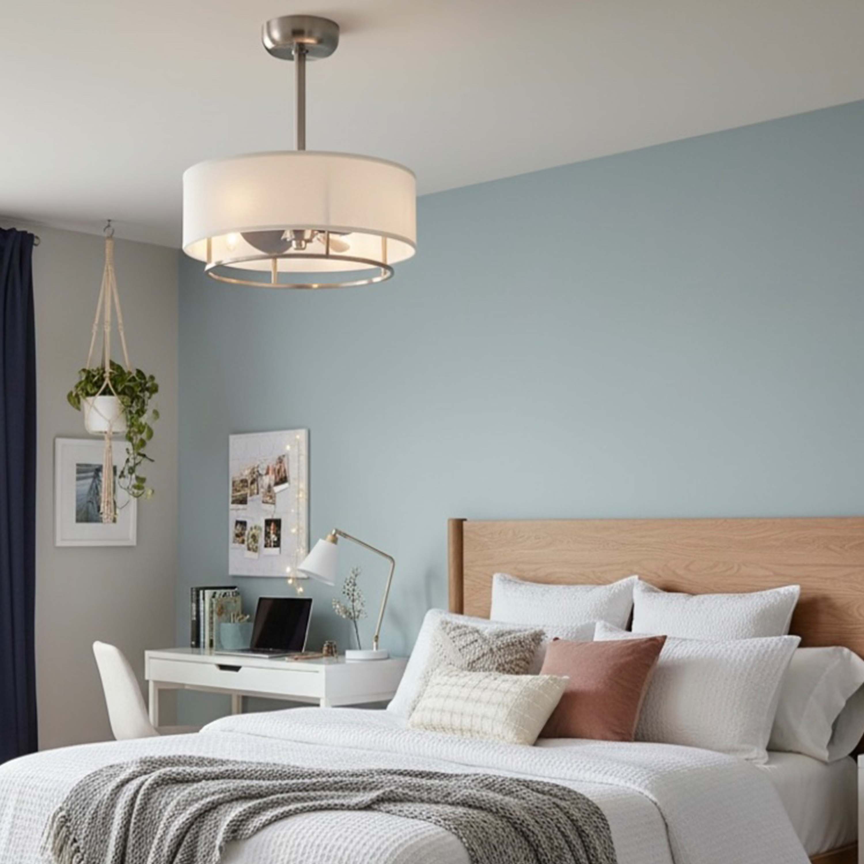 bedroom featuring KAITI™ Fandelier- 20"Drum Shade Ceiling Fan in Brushed Nickel finish