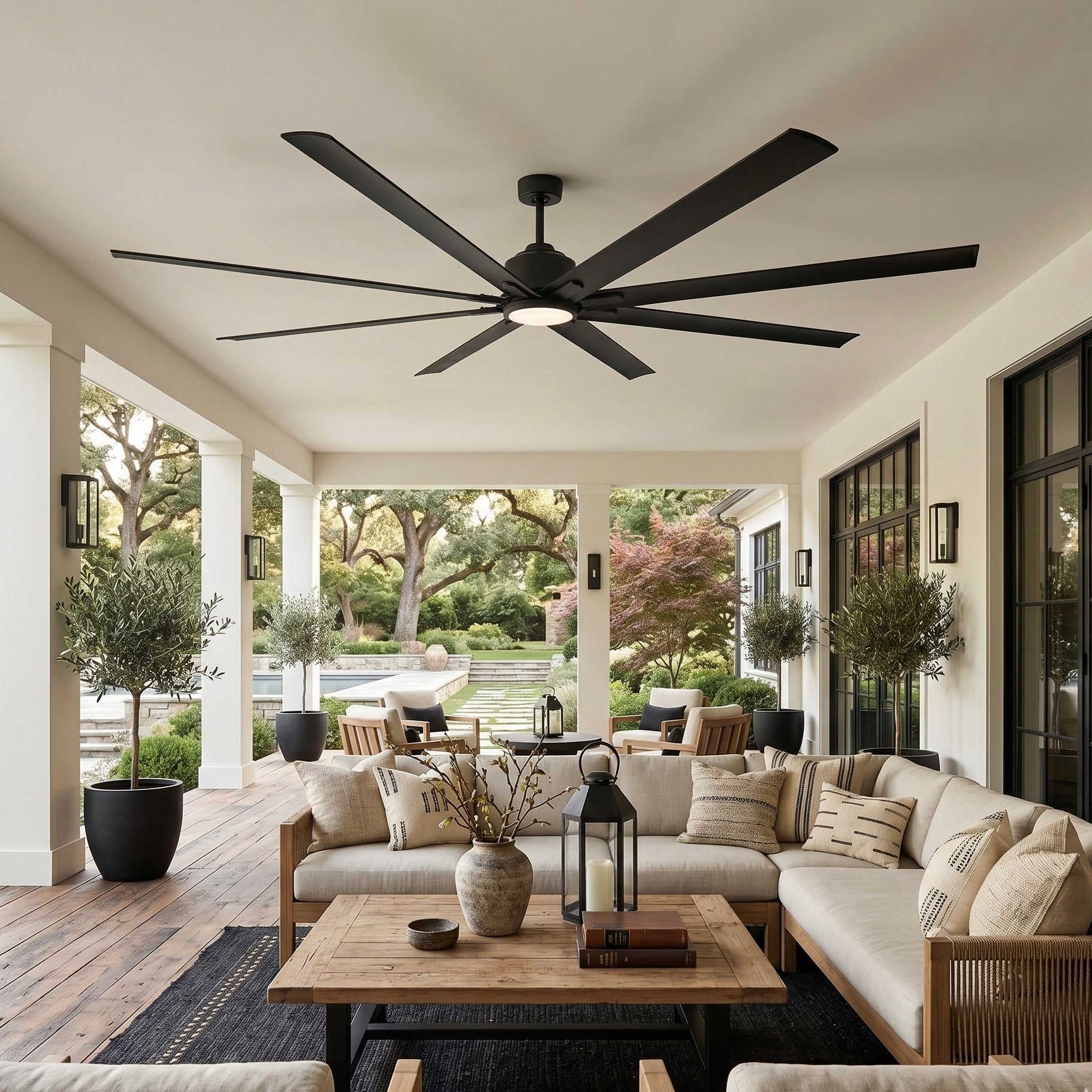 ORCA H₂O® 100" Ceiling Fan Matte Black with Light — Covered Porch Lifestyle