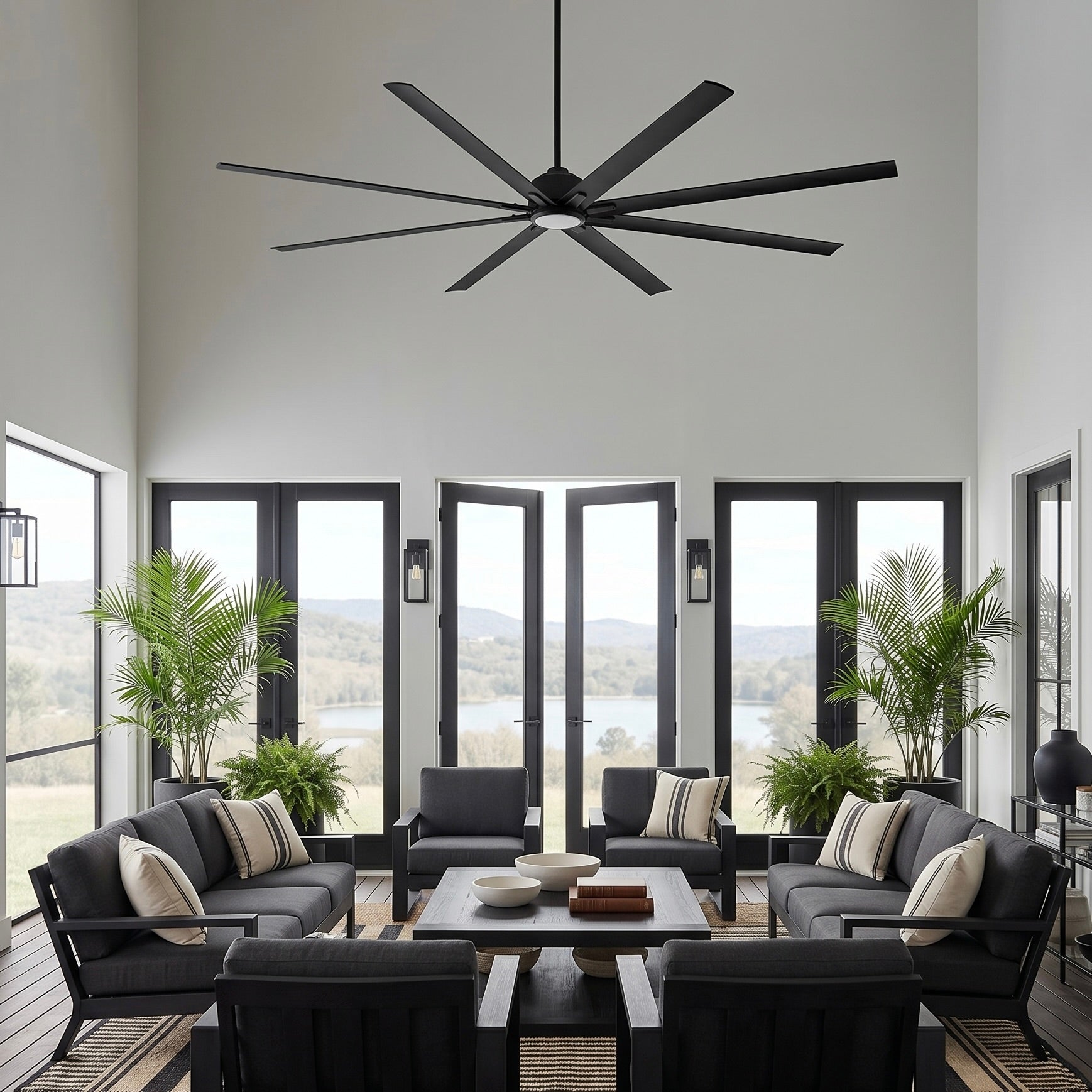 ORCA H₂O® 120" Matte Black ceiling fan with LED light in grand-scale interior