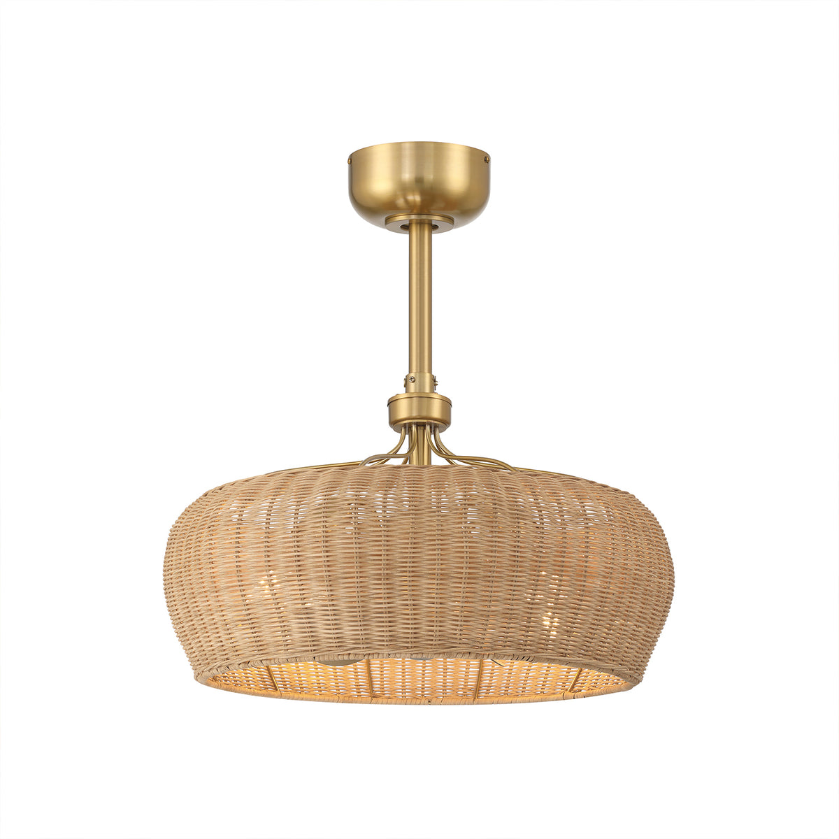 product overview guide featuring Maribel Fandelier Rattan 22inch Ceiling Fan in Aged Brass Finish