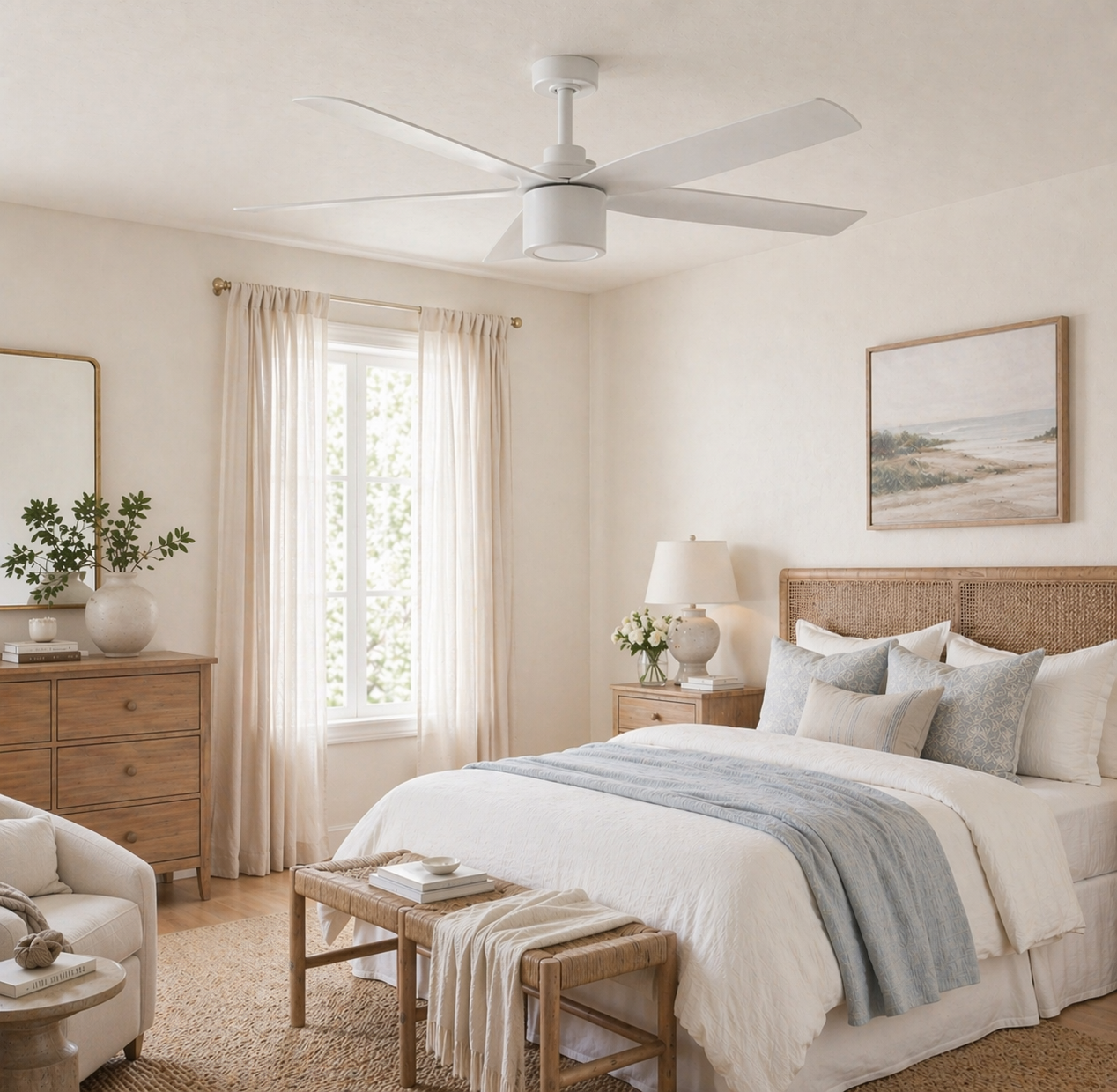 bedroom featuring RAVIAN® 52" 5-Blade Ceiling Fan in matte white with no light