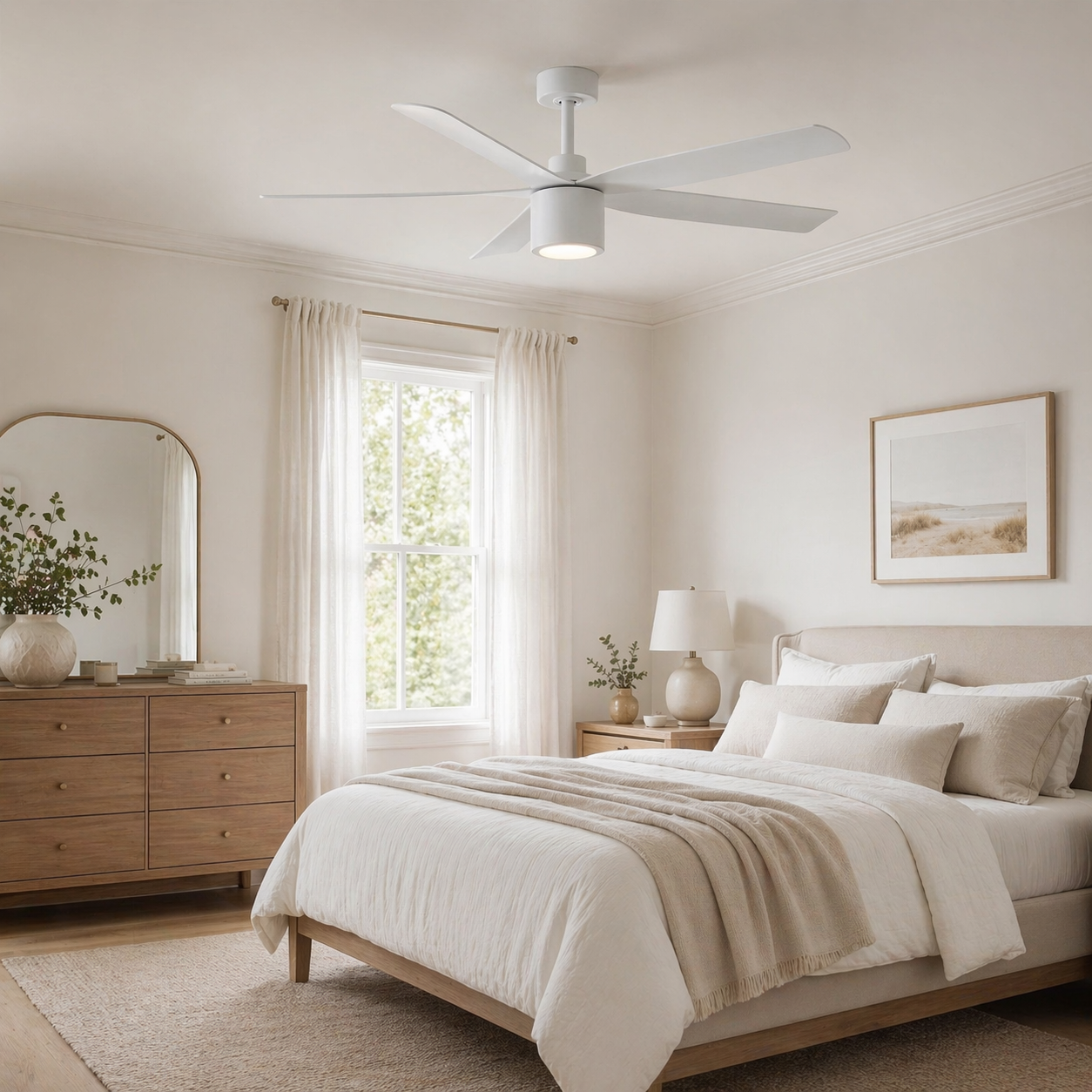 bedroom featuring RAVIAN® 52" 5-Blade Ceiling Fan in matte white with LED light