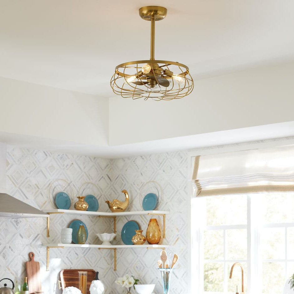 kitchen featuring Santiago® 22 inch Fandelier, a caged ceiling fan featured in Aged Brass Finish