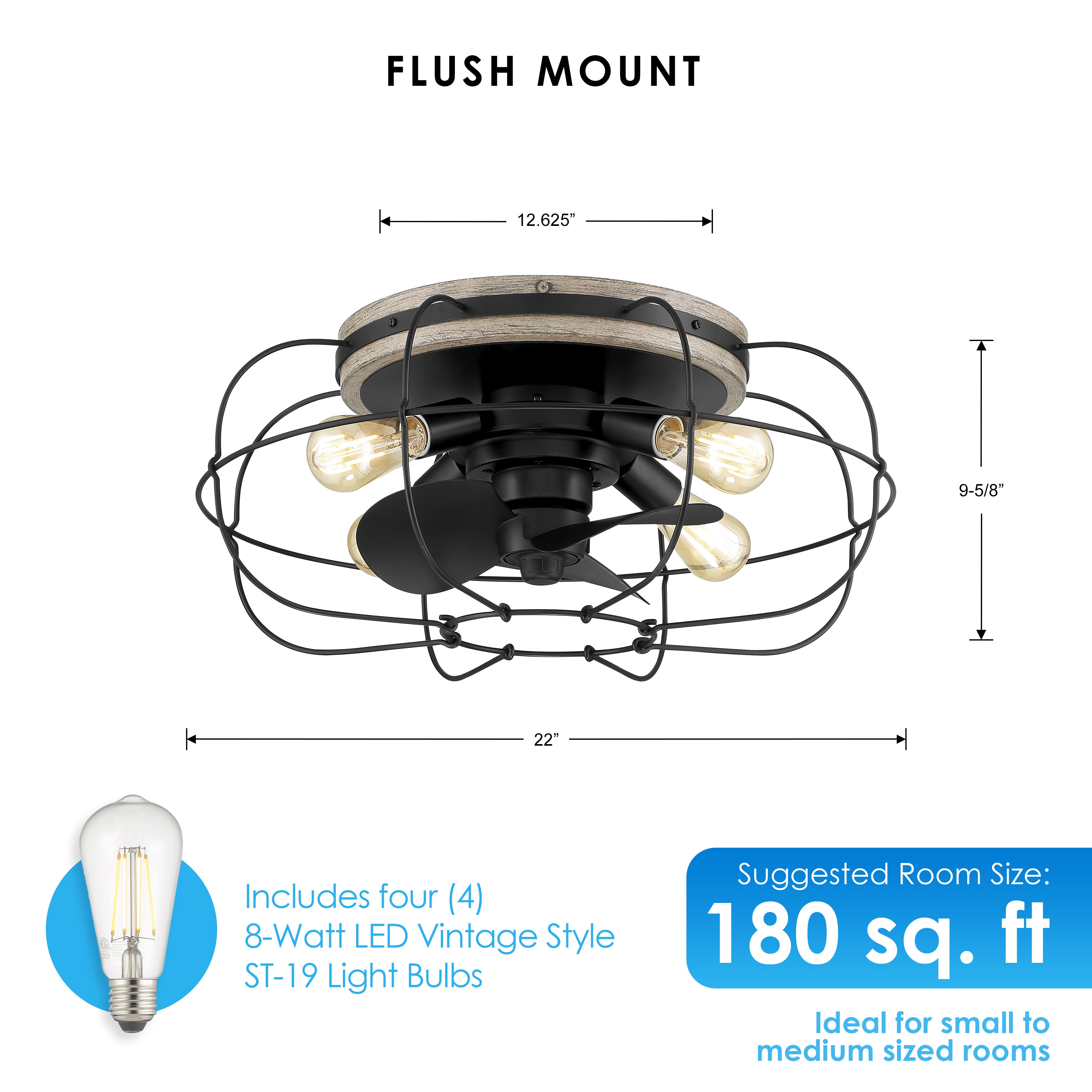 dimensions of JAXON® 22" Flush Mount Caged Ceiling Fan in Matte Black Finish