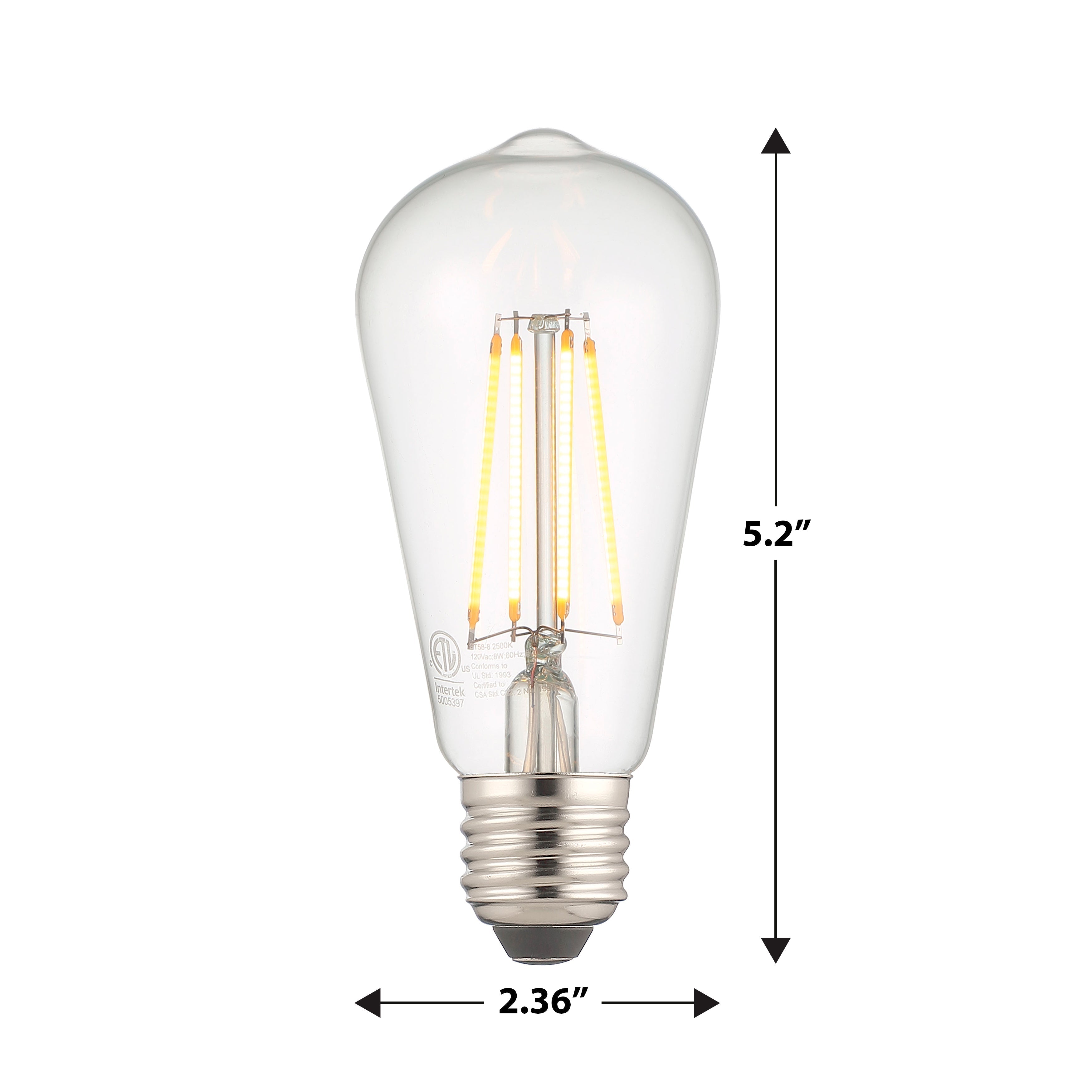 8 watt LED vintage style ST-19 light bulb with measurements on a white background