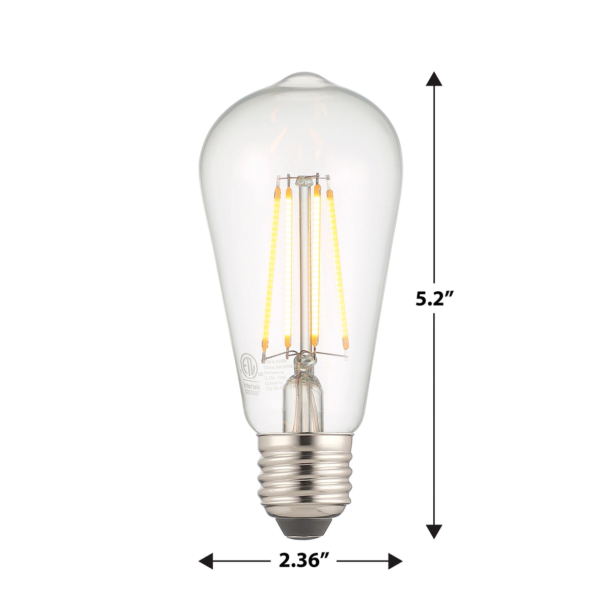 8 watt LED vintage style ST-19 light bulb with measurements on a white background