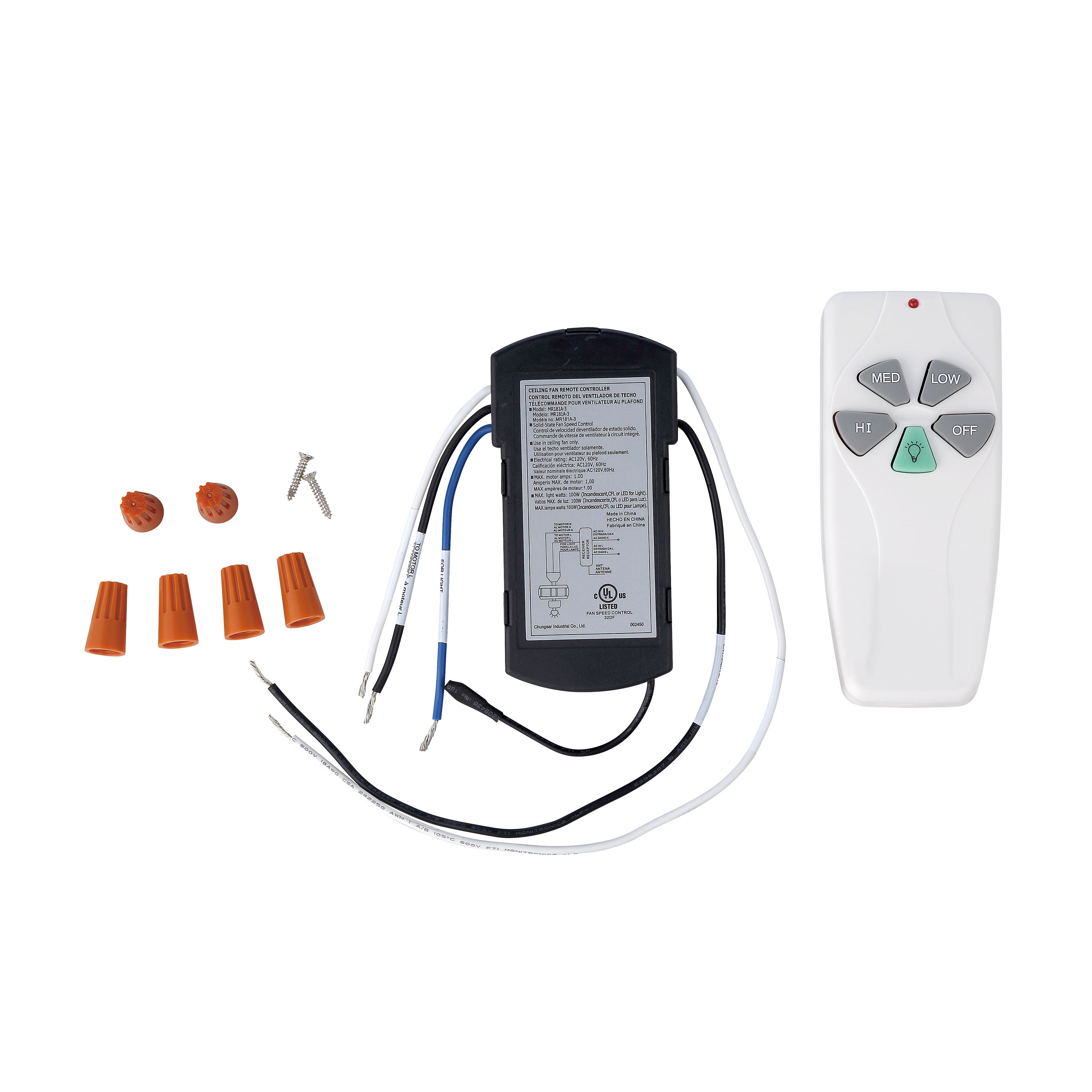 Arranmore fan remote control pictured showing the settings of Hi, Med, Low, Off and lights.