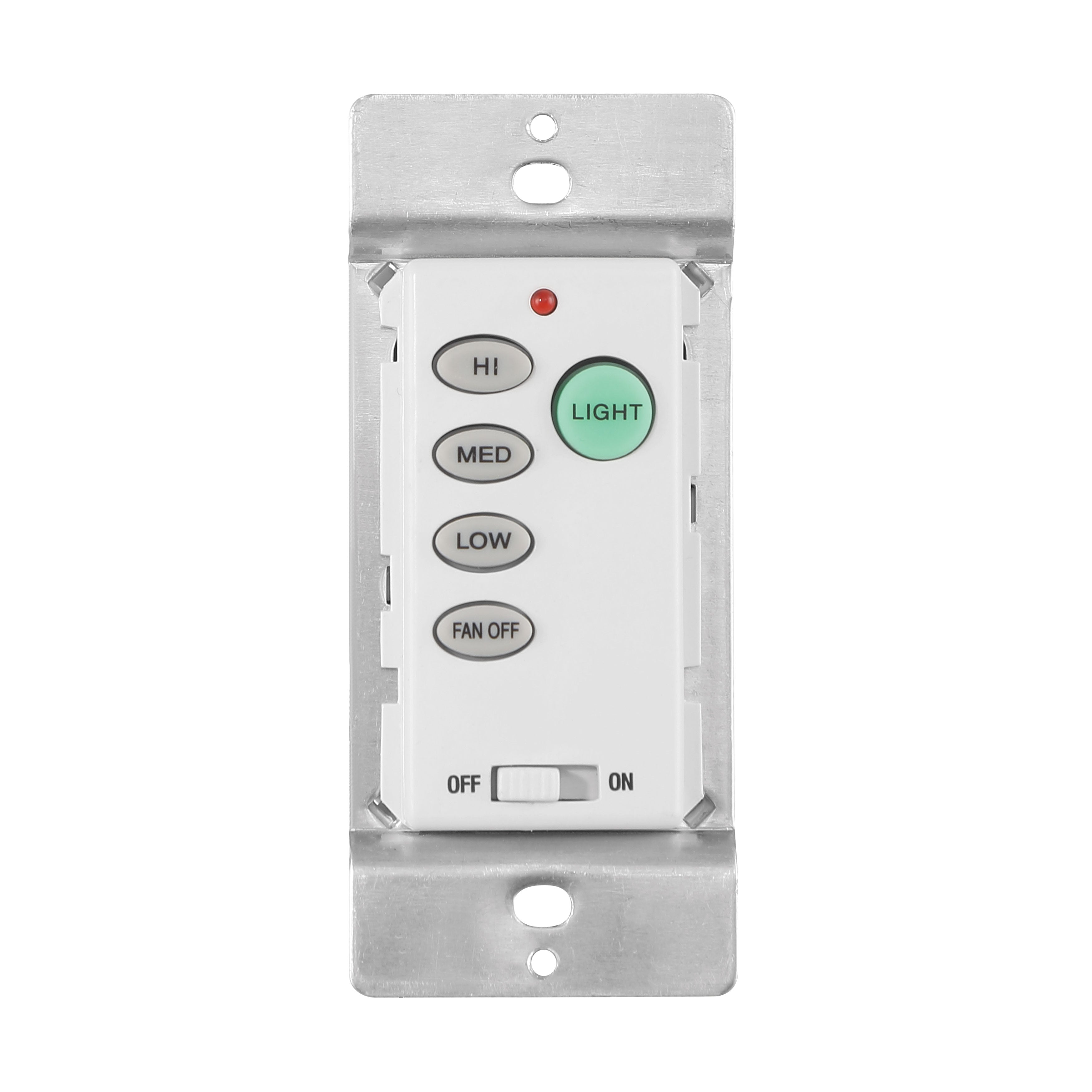 Arranmore fan remote pictured showing the settings of Hi, Med, Low, Off and lights.
