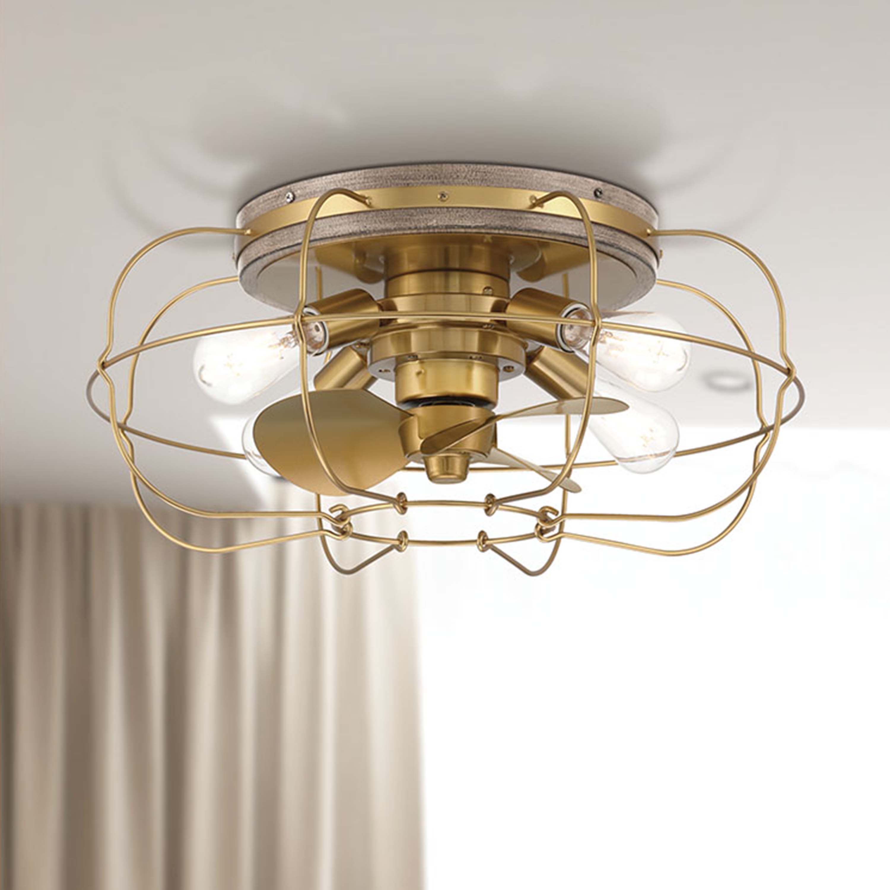 Jaxon Caged Ceiling Fan - 22" Flush Mount Fandelier- Aged Brass Finish