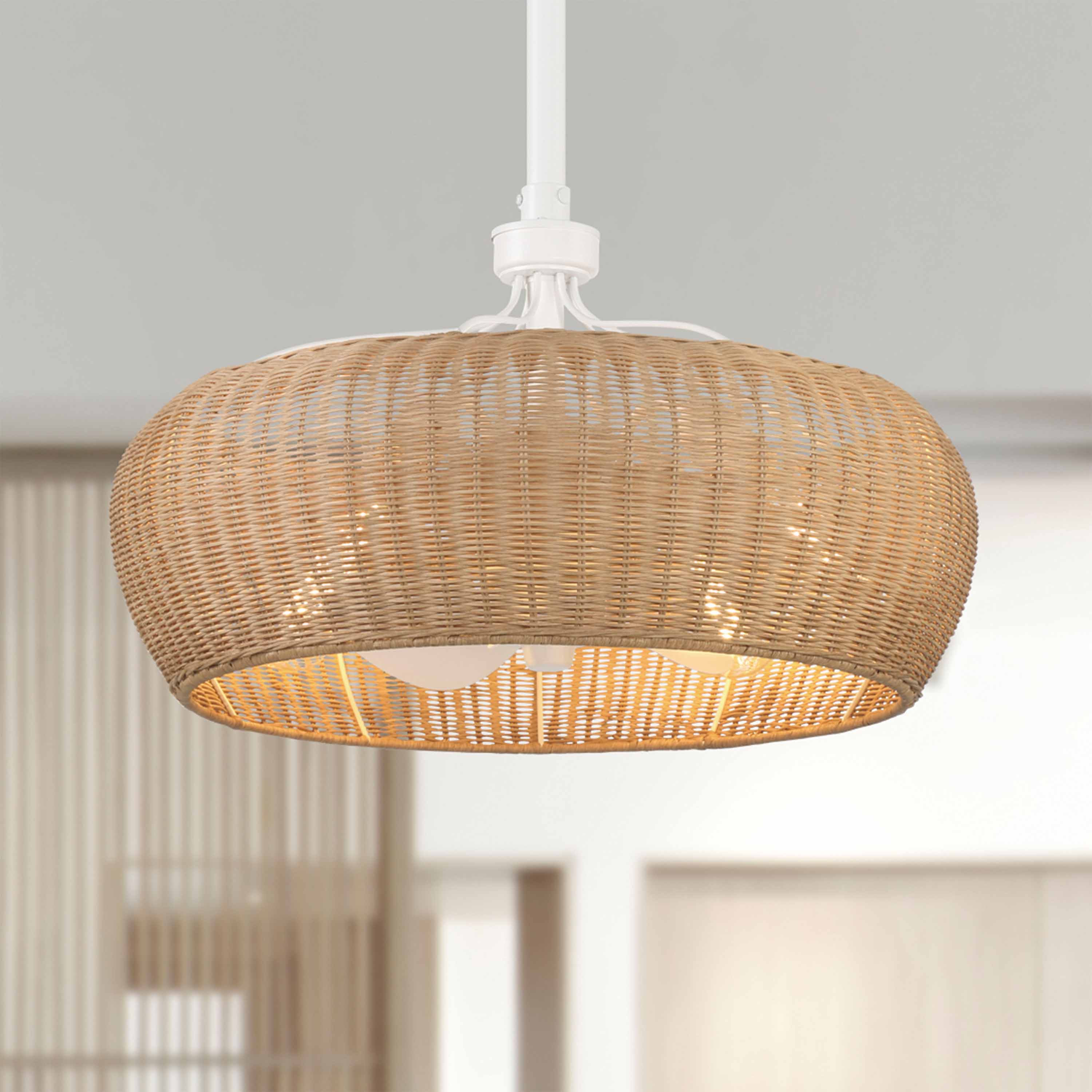 MARIBEL® Fandelier- 22" Rattan Shade Ceiling Fan- Matte White with natural shade