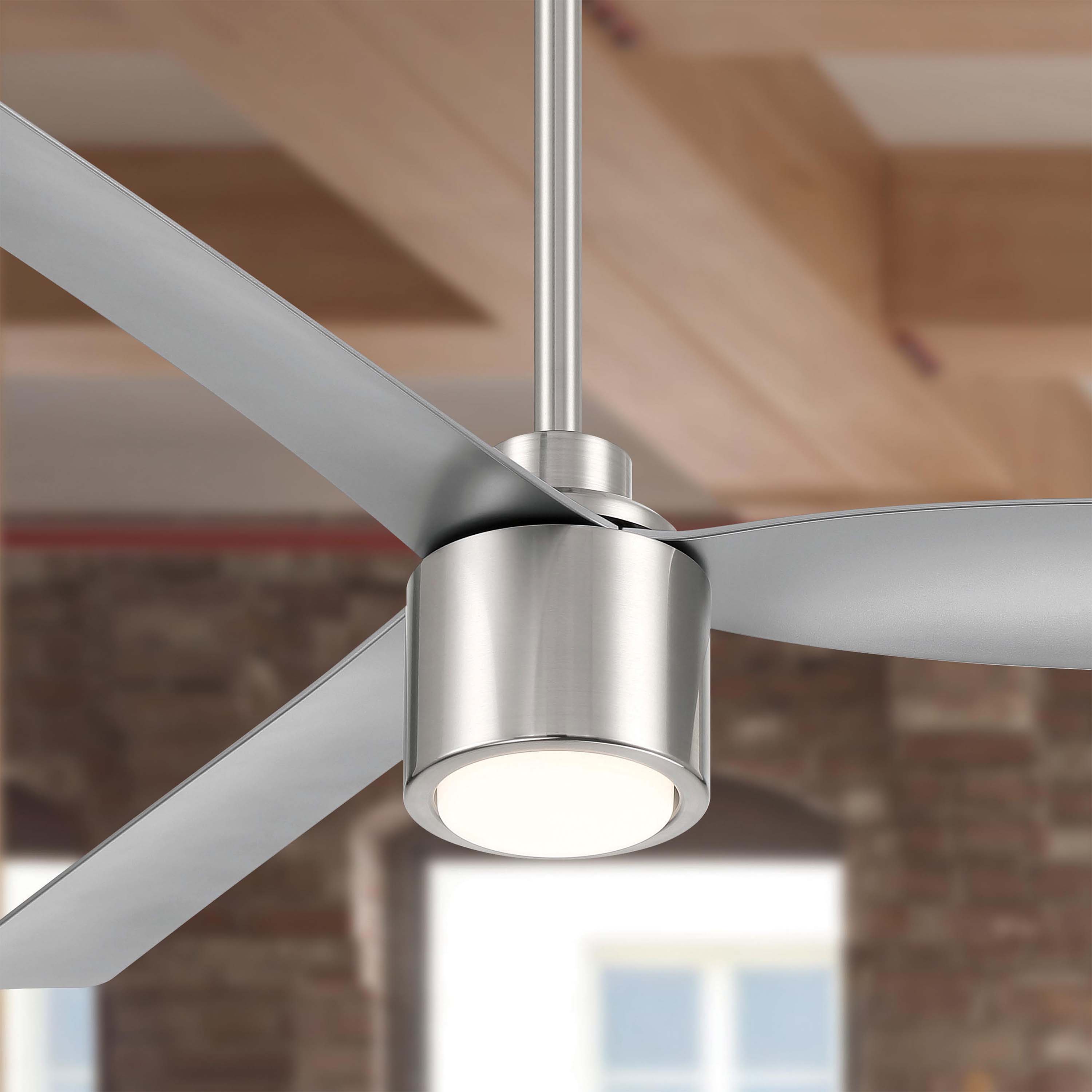 Ravian 3-blade modern Ceiling fan with light fixture in a room with wooden beams and a window.