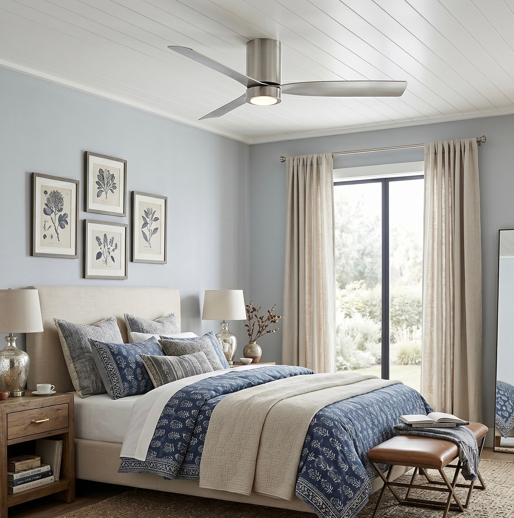 Modern bedroom with cormac ceiling fan with a light in brushed nickel 