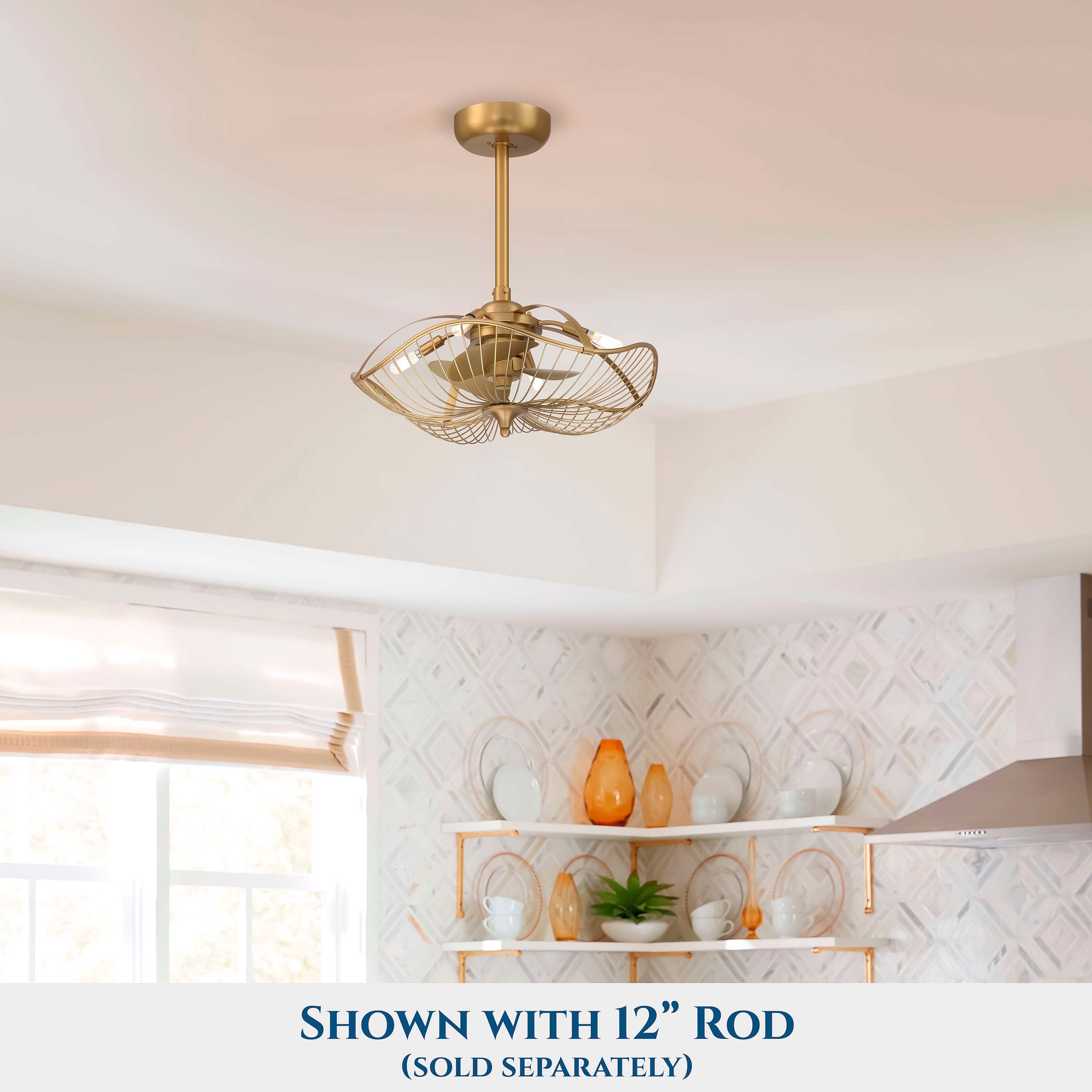 AURI™ Fandelier Ceiling Fan 22inch- Aged Brass Finish shown in kitchen with 12 inch downrod