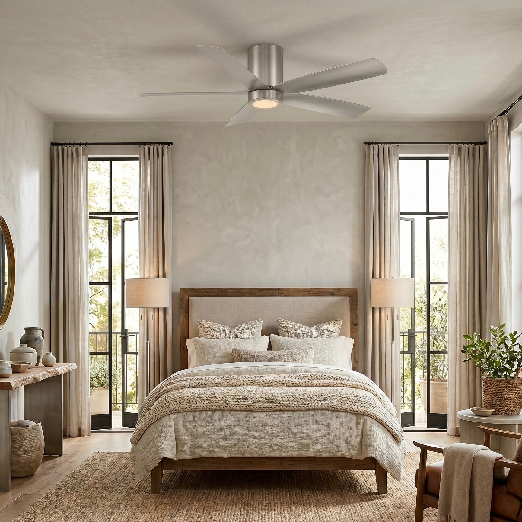 Modern bedroom featuring cormac 5-blade ceiling fan with a bed and large windows.