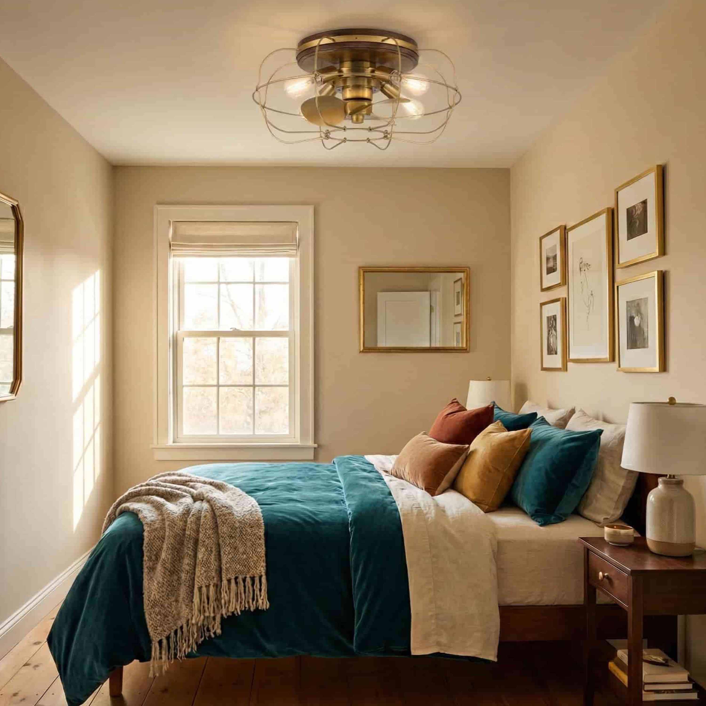 Jaxon Caged Ceiling Fan - 22" Flush Mount Fandelier- Aged Brass Finish featured in bedroom