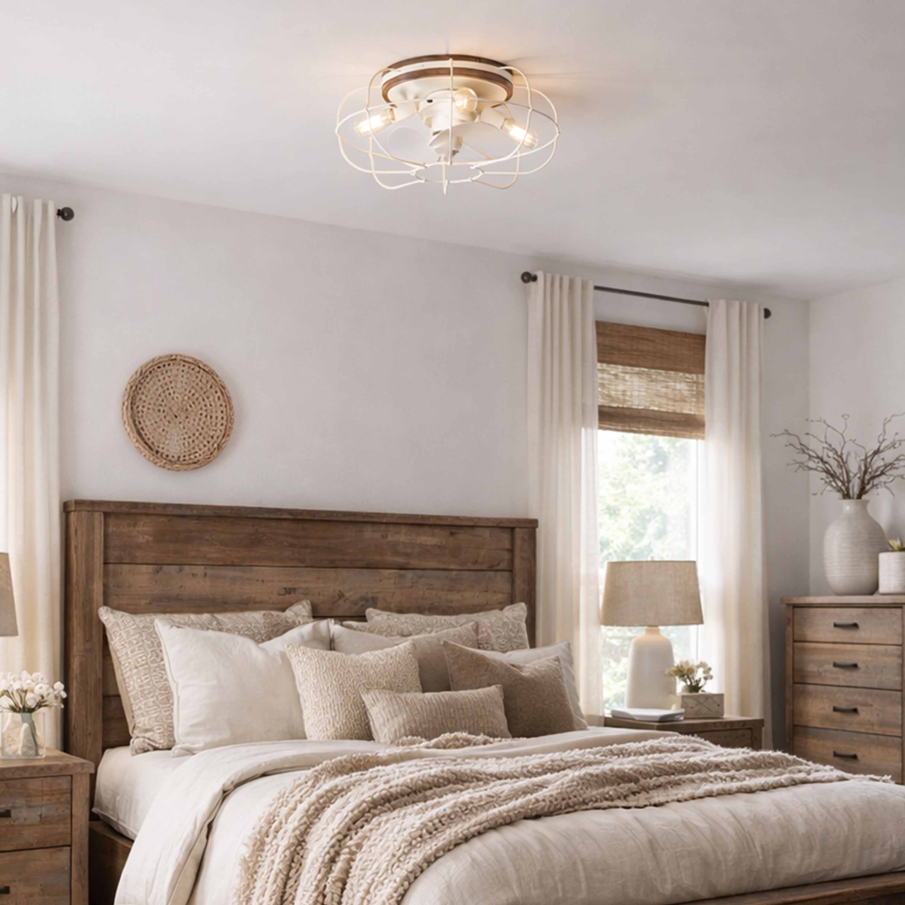 cozy bedroom featuring JAXON® 22" Flush Mount Caged Ceiling Fan in Matte White Finish