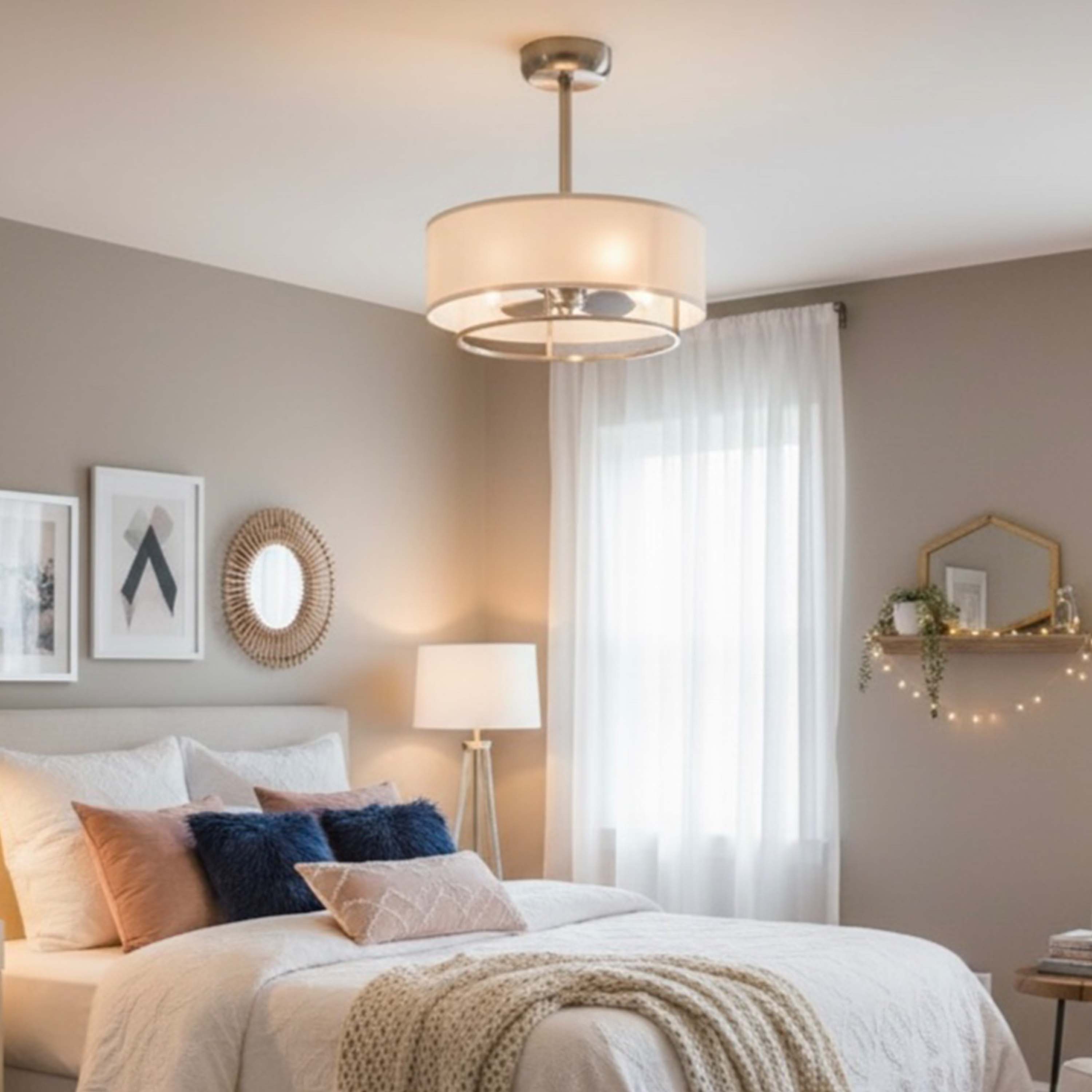 bedroom featuring the KAITI™ Fandelier- 20"Drum Shade Ceiling Fan in Brushed Nickel finish