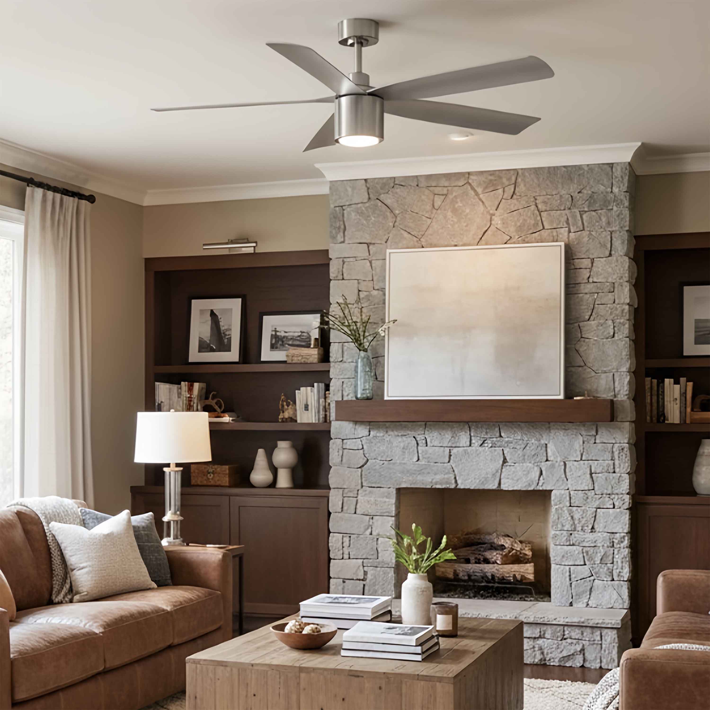 Living room featuring RAVIAN® 52" 5-Blade Ceiling Fan in brushed nickel