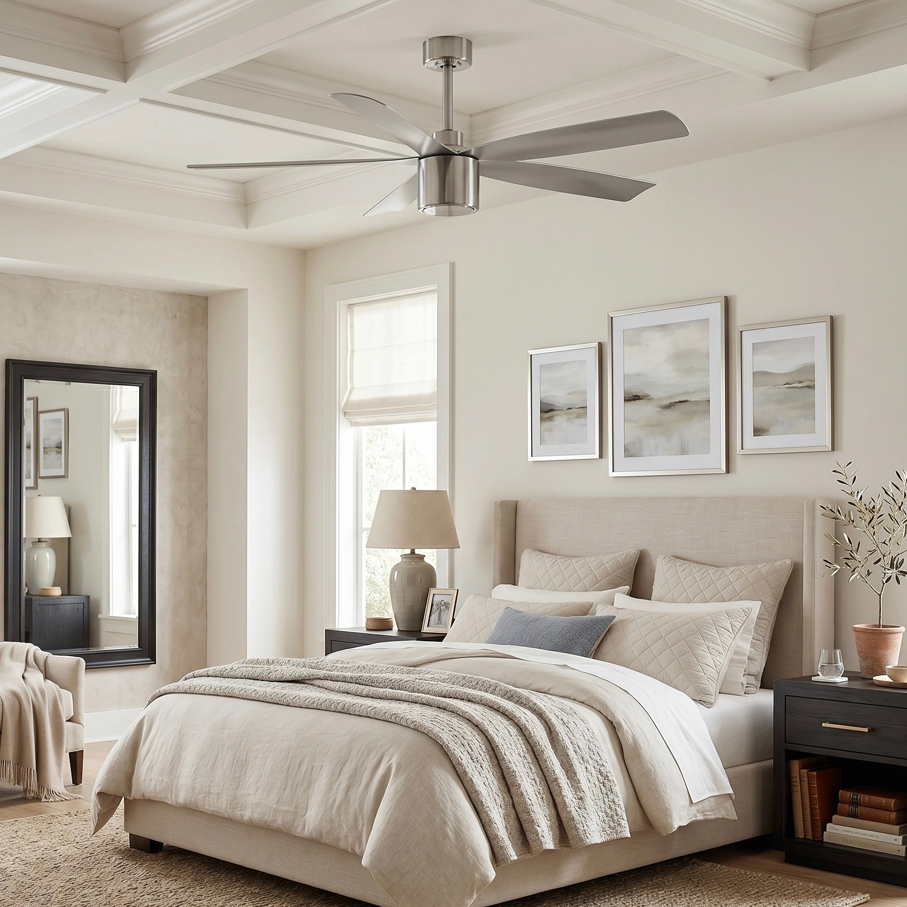 living room featuring RAVIAN® 52" 5-Blade Ceiling Fan in brushed nickel with no light