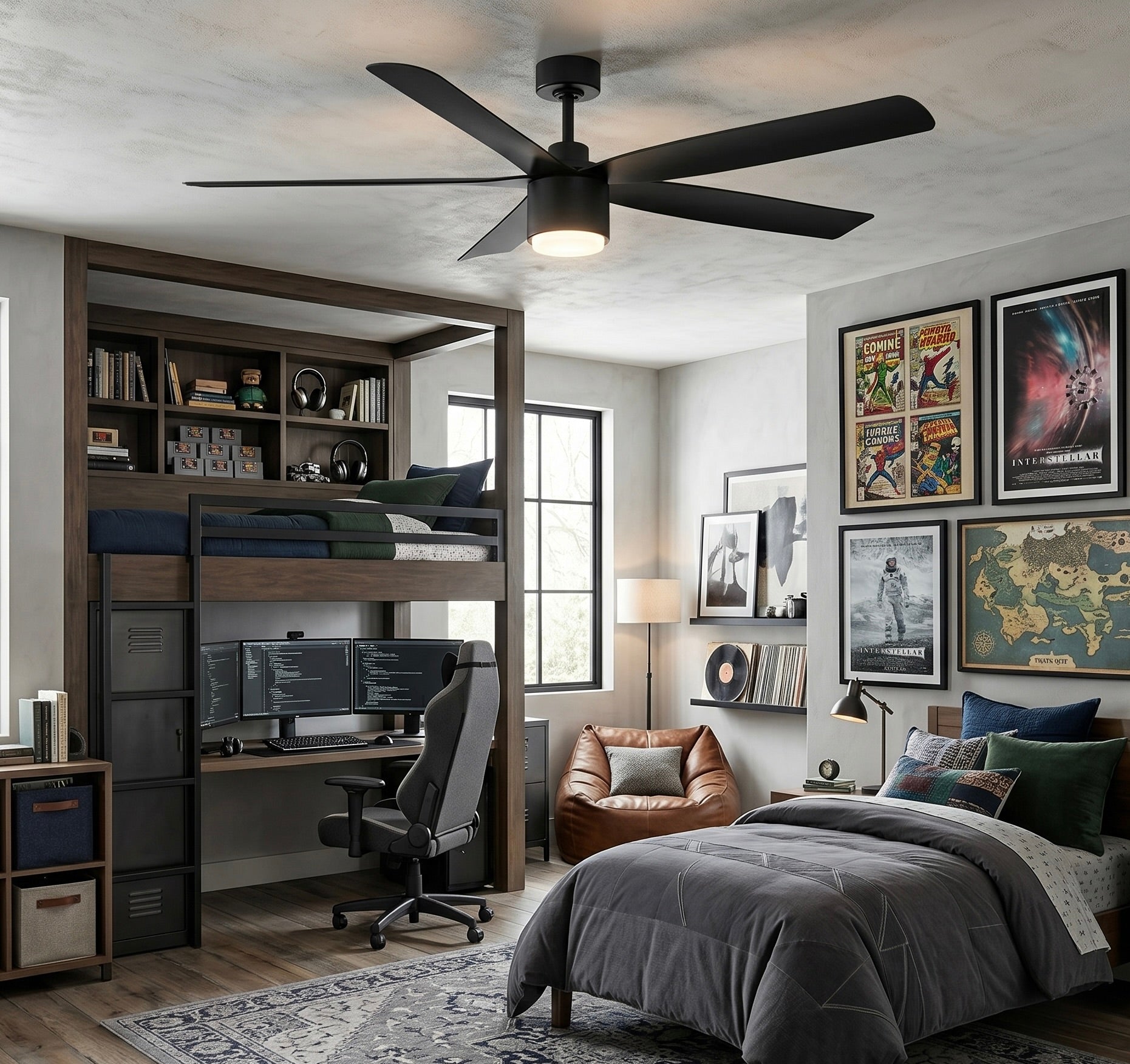 Modern bedroom with bunk bed, desk, and decor elements featuring ravain 60 inch ceiling fan in matte black