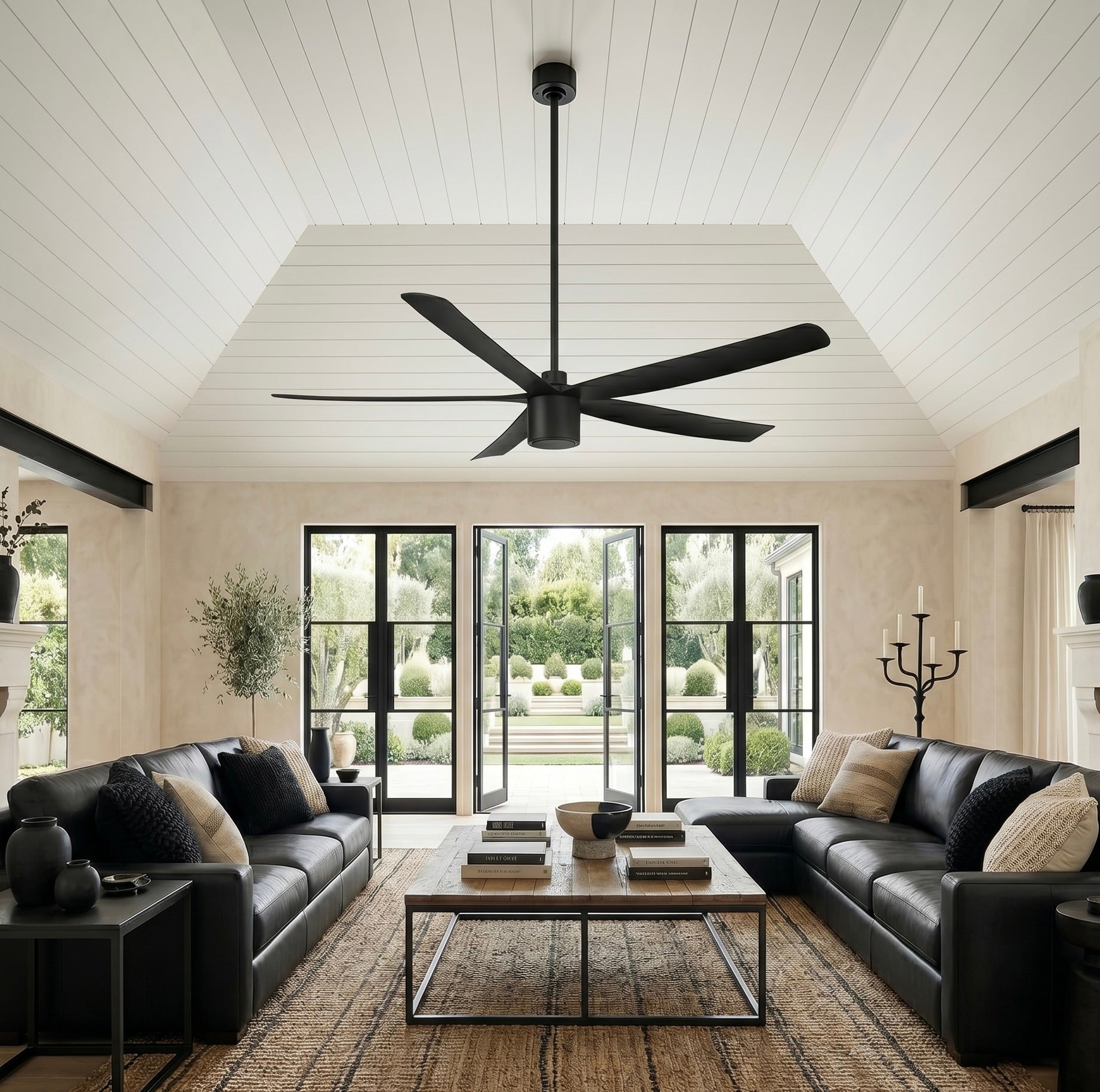 large living room featuring RAVIAN® 72" 5-Blade Large Ceiling Fan in matte black