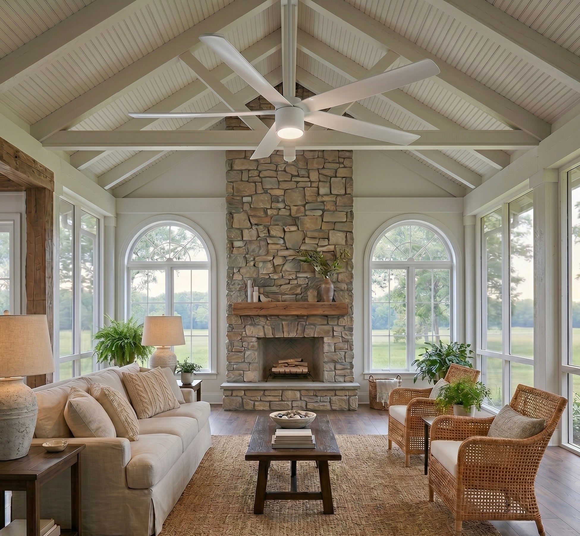 living room featuring RAVIAN® 72" 5-Blade Large Ceiling Fan in matte white