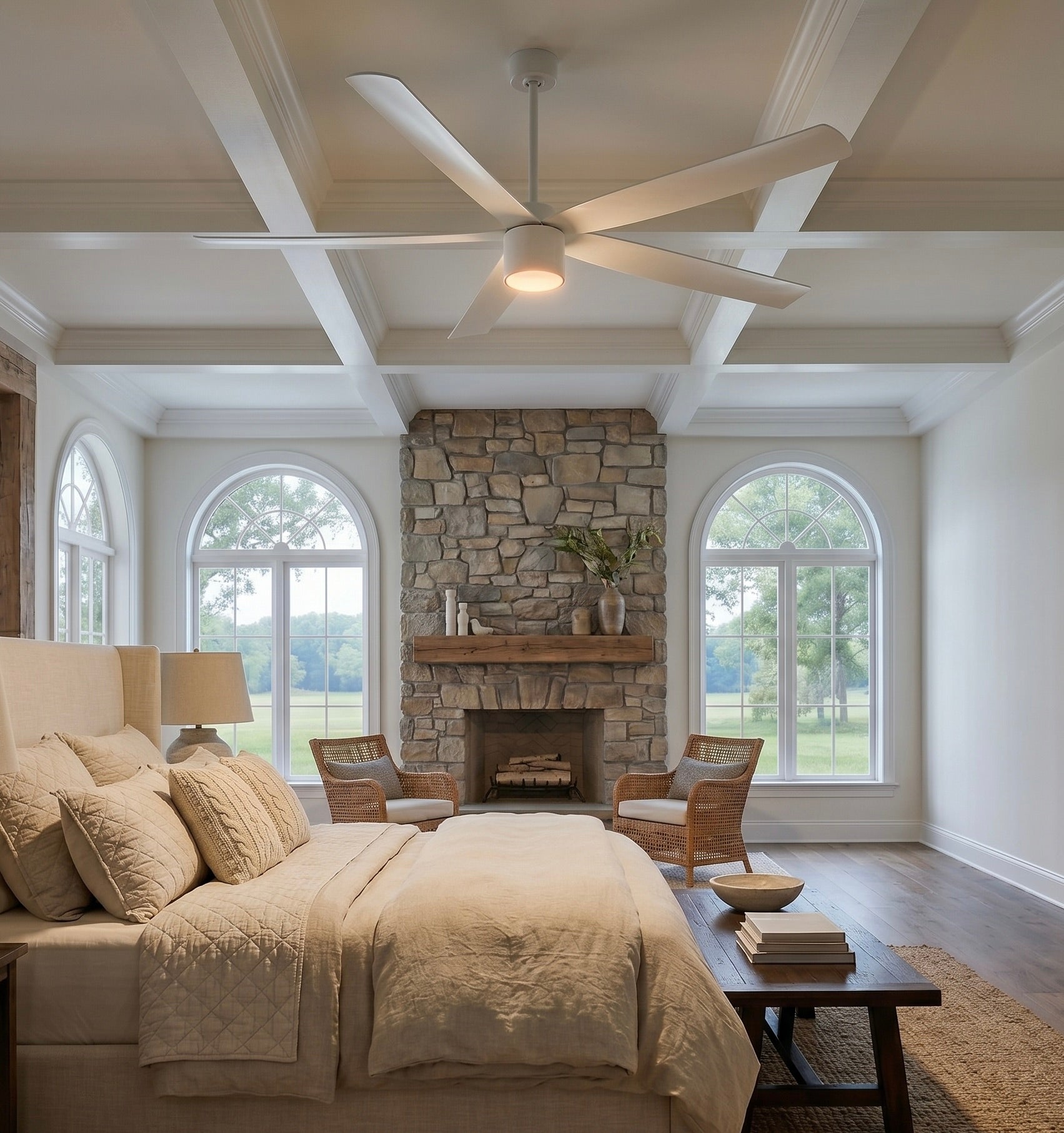bedroom featuring RAVIAN® 72" 5-Blade Large Ceiling Fan in matte white with LED light