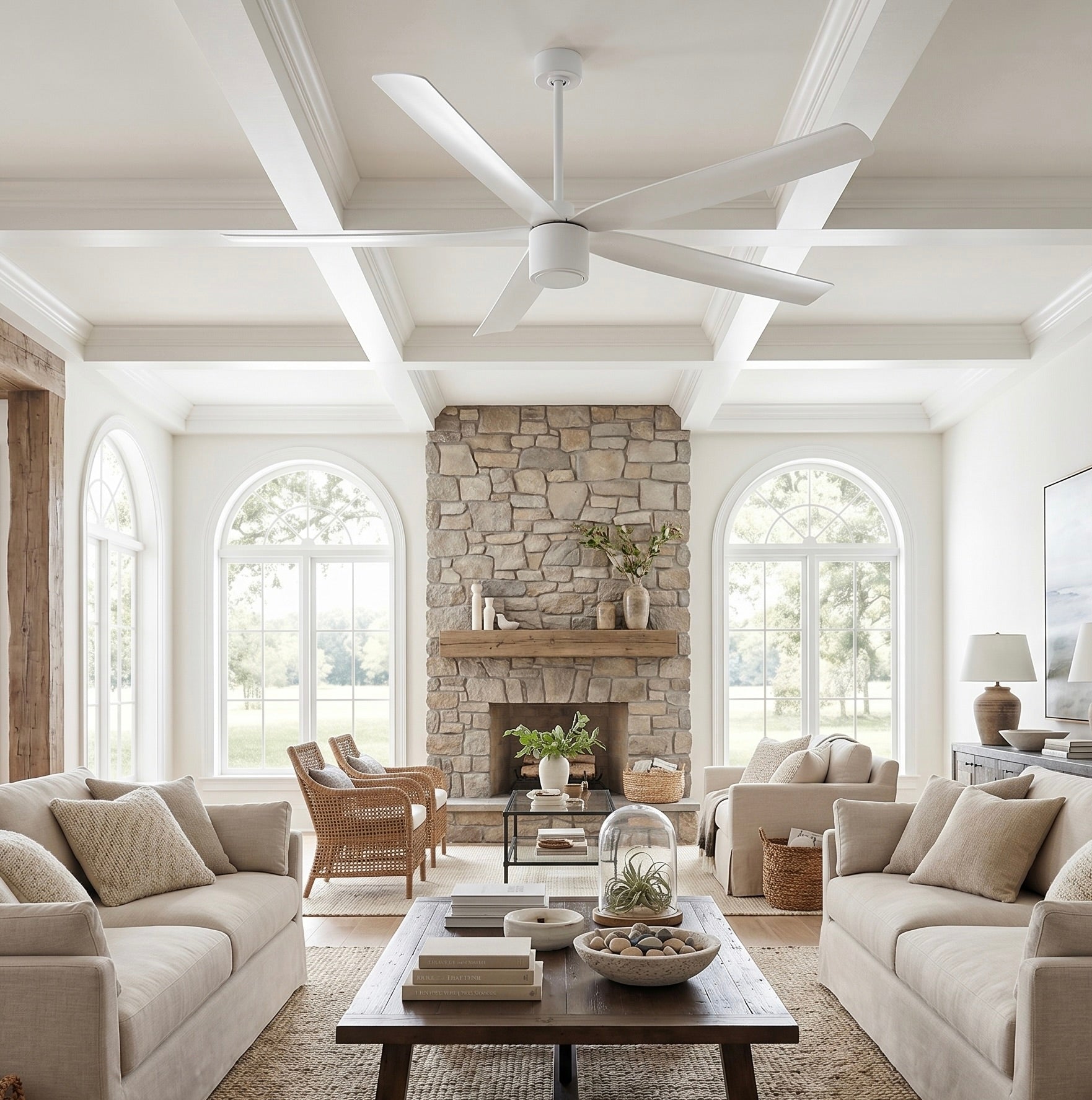 living room featuring RAVIAN® 72" 5-Blade Large Ceiling Fan in matte white with no light
