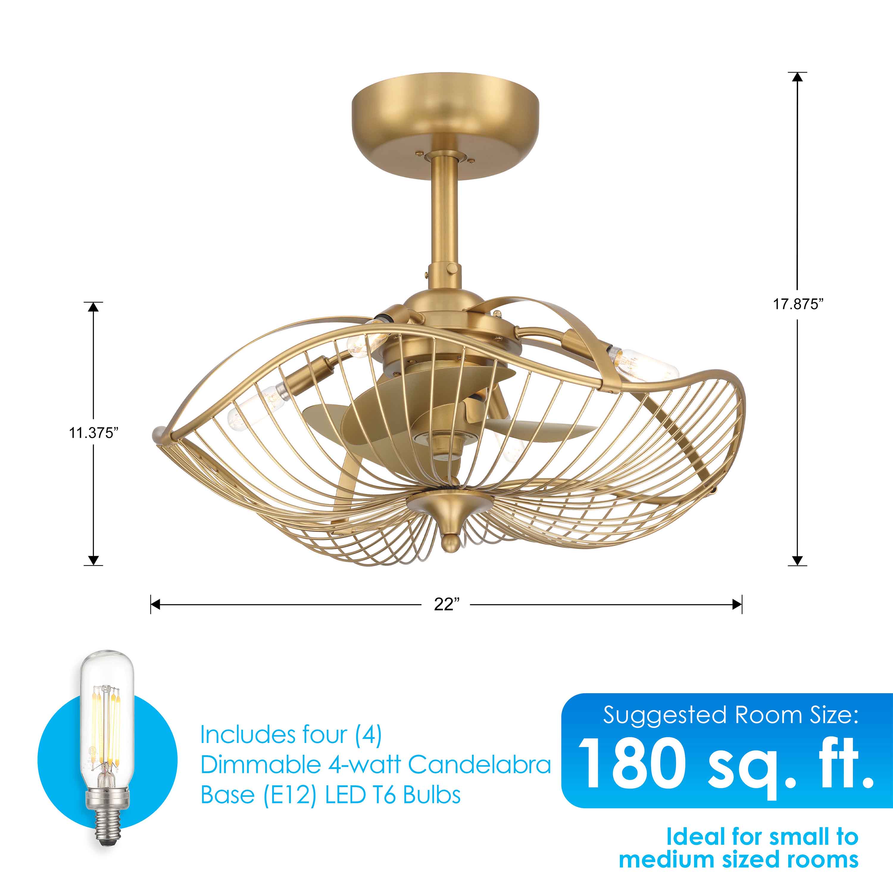 Dimensions of AURI™ Fandelier, a 22inch Ceiling Fan in Aged Brass