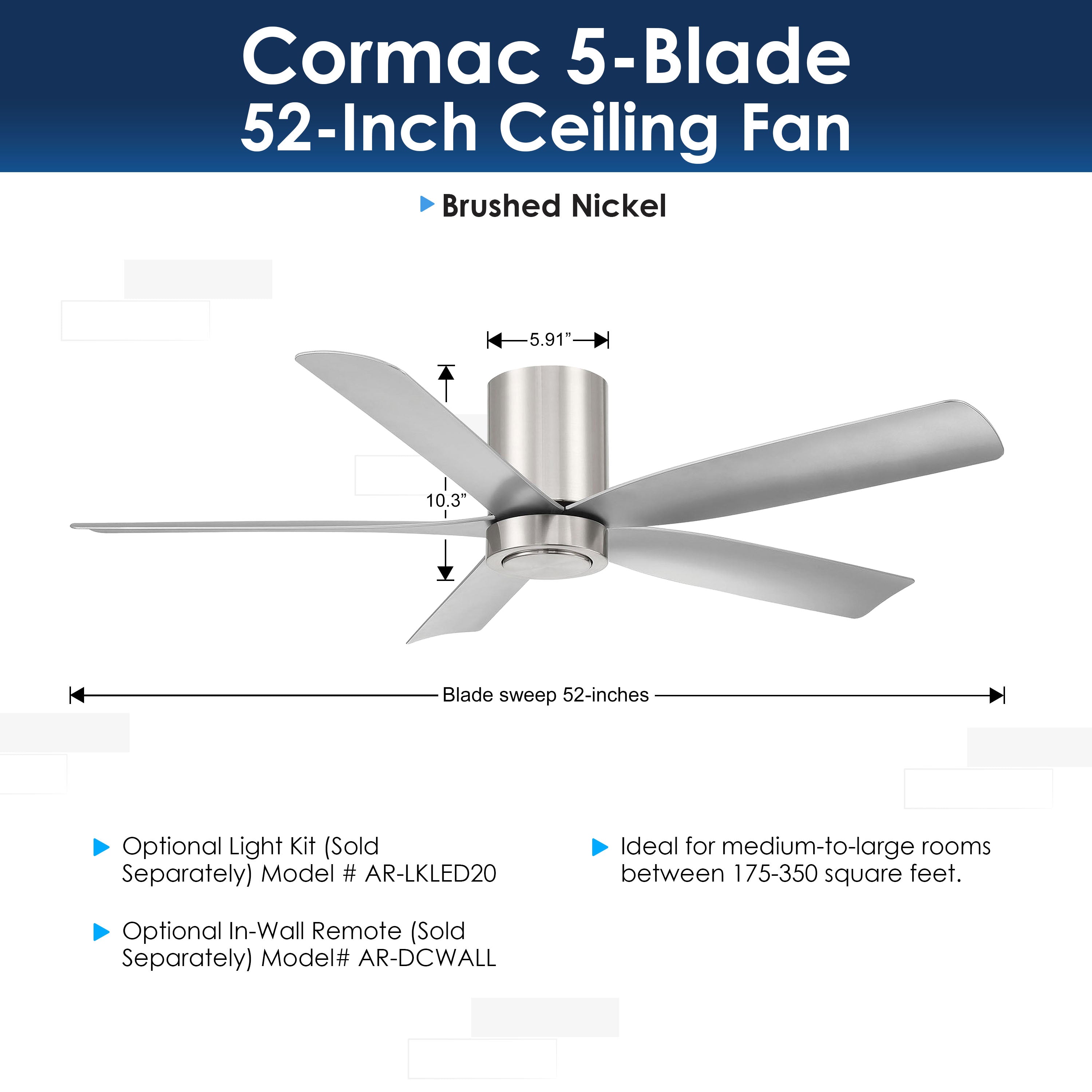Cormac 5-blade ceiling fan with specifications on a white background
