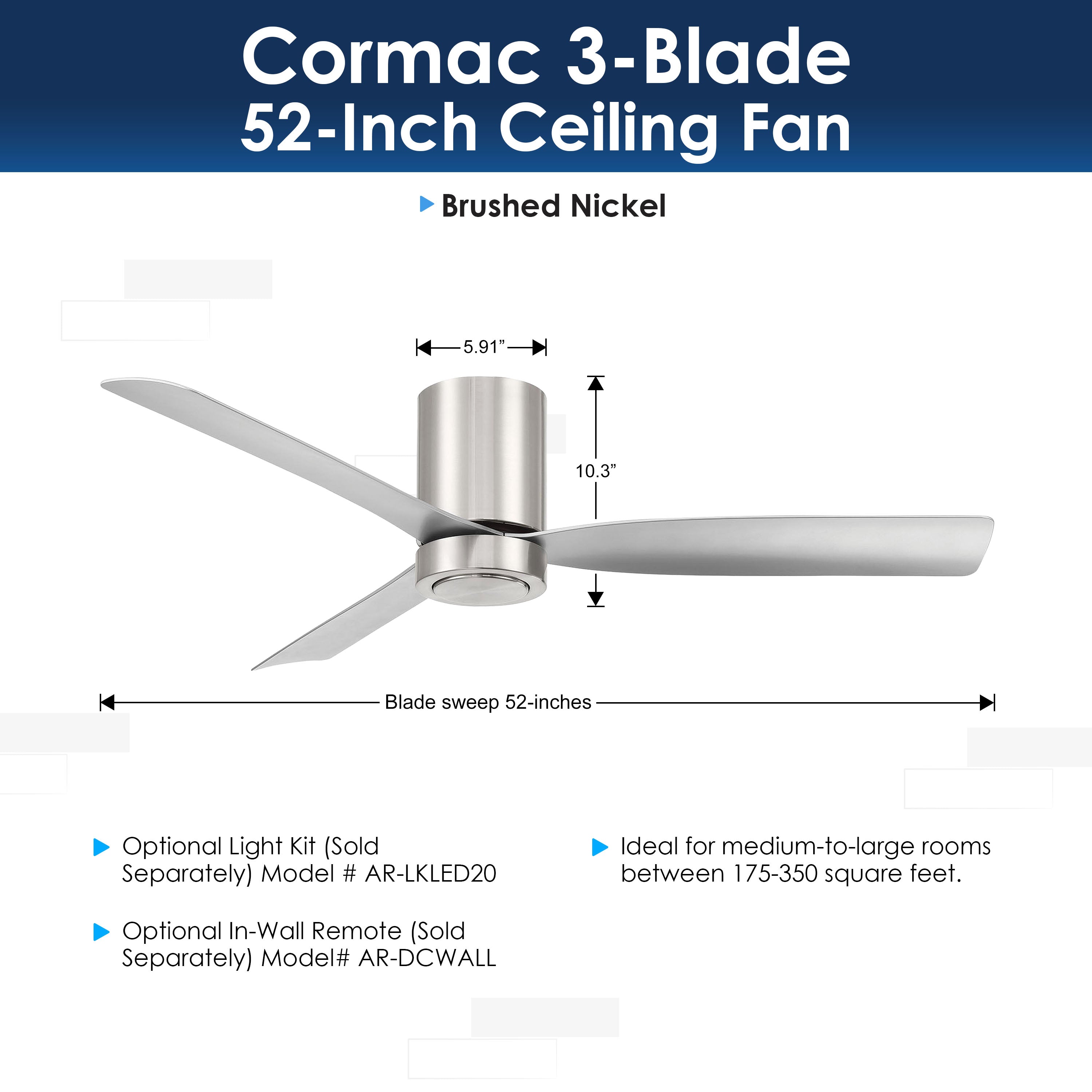 Cormac 3-blade ceiling fan with dimensions and features on a white background