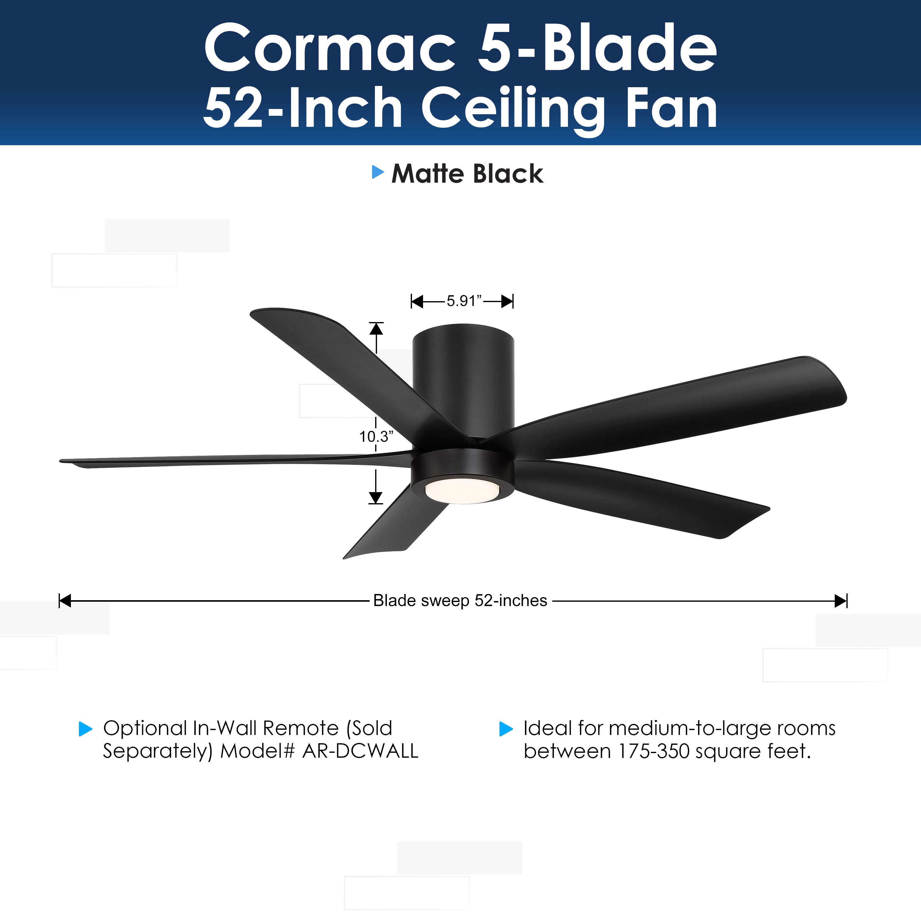 dimensions of CORMAC® 52" Low-Profile Ceiling Fan in matte black
