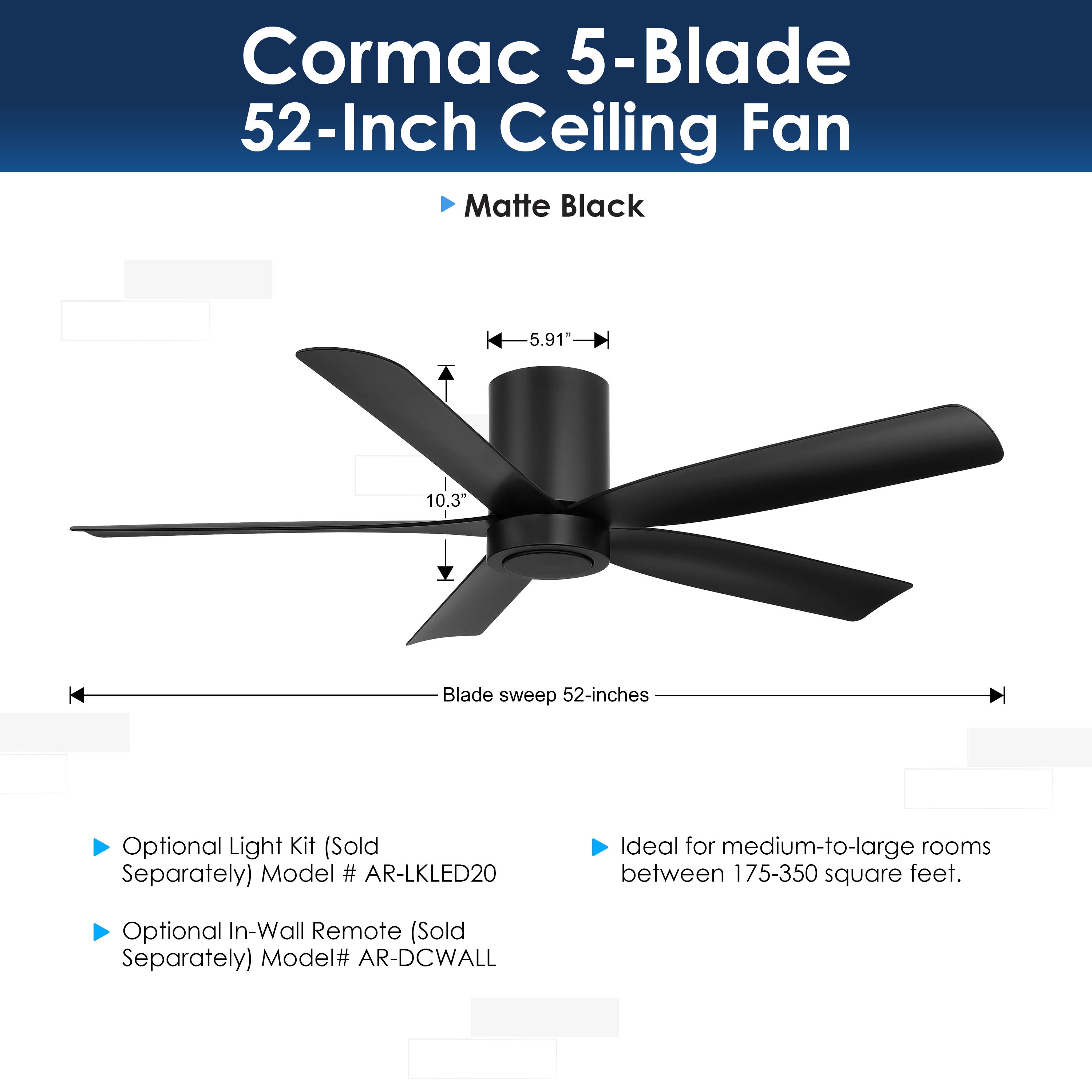 Cormac 5-blade ceiling fan with dimensions and features on a white background