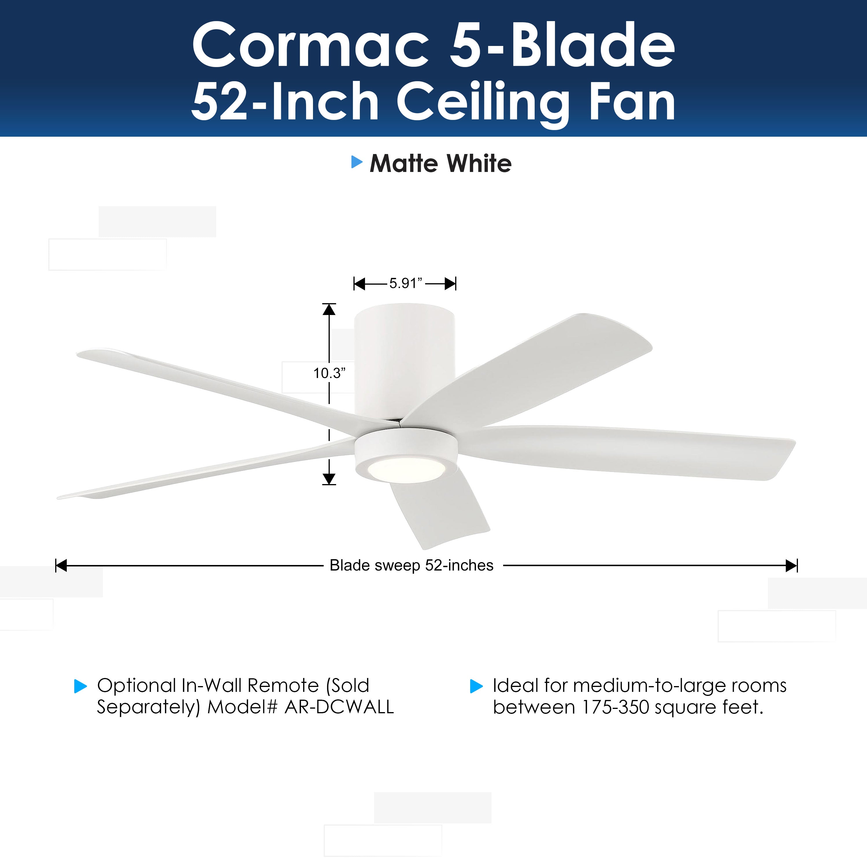 Cormac Ceiling fan with dimensions and features on a white background