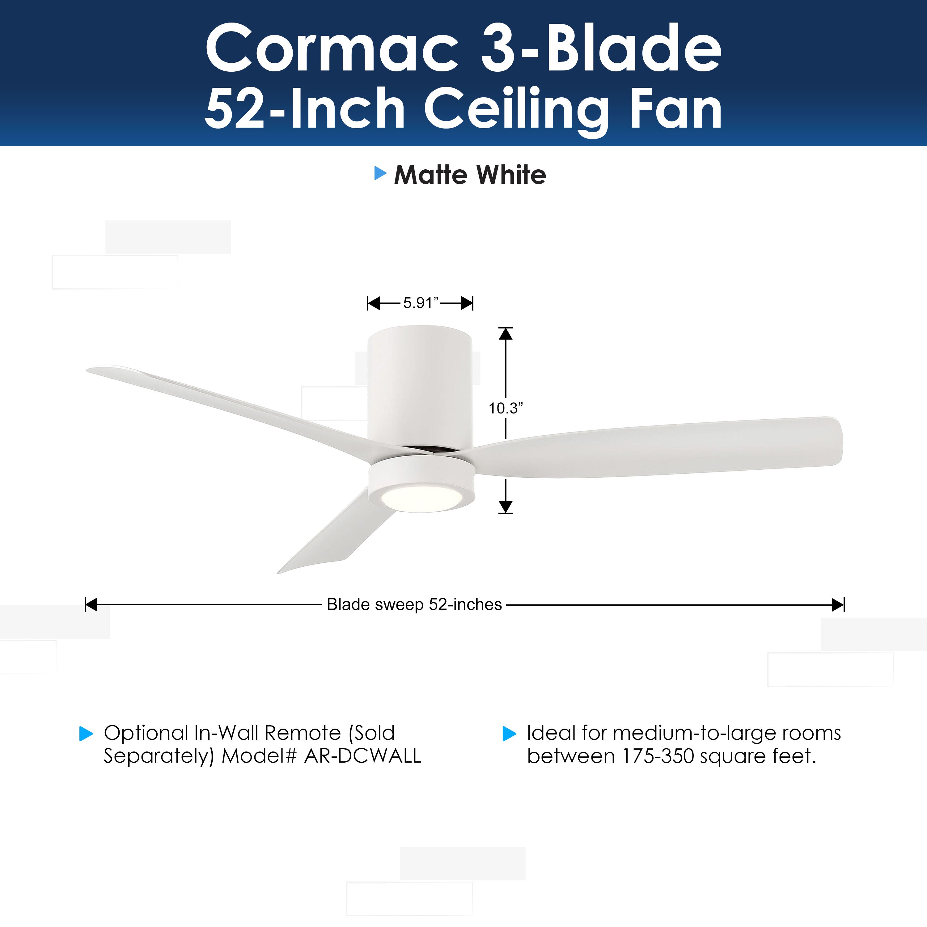 Cormac Ceiling fan with dimensions and features on a white background