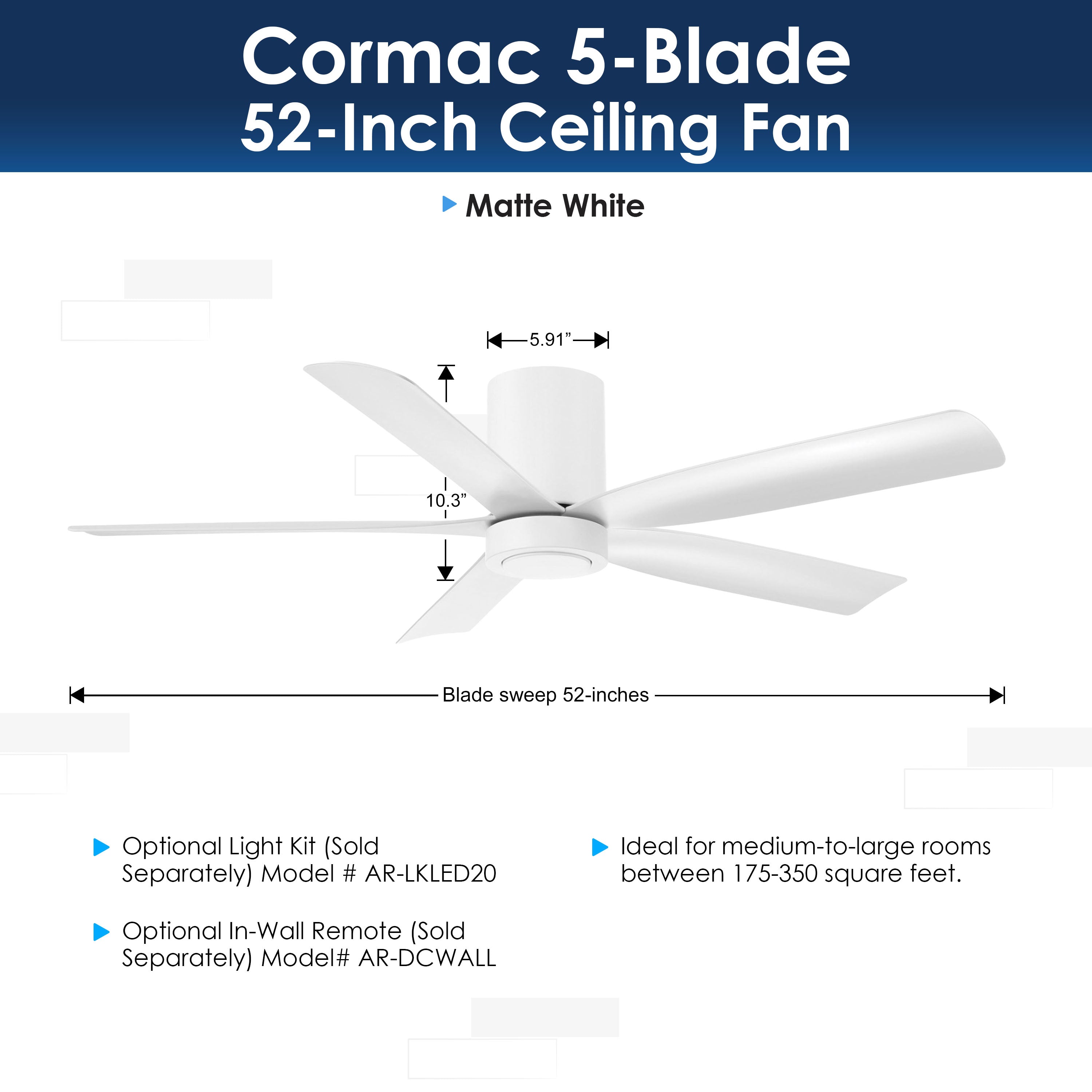 Cormac 5-blade ceiling fan with dimensions and features on a white background
