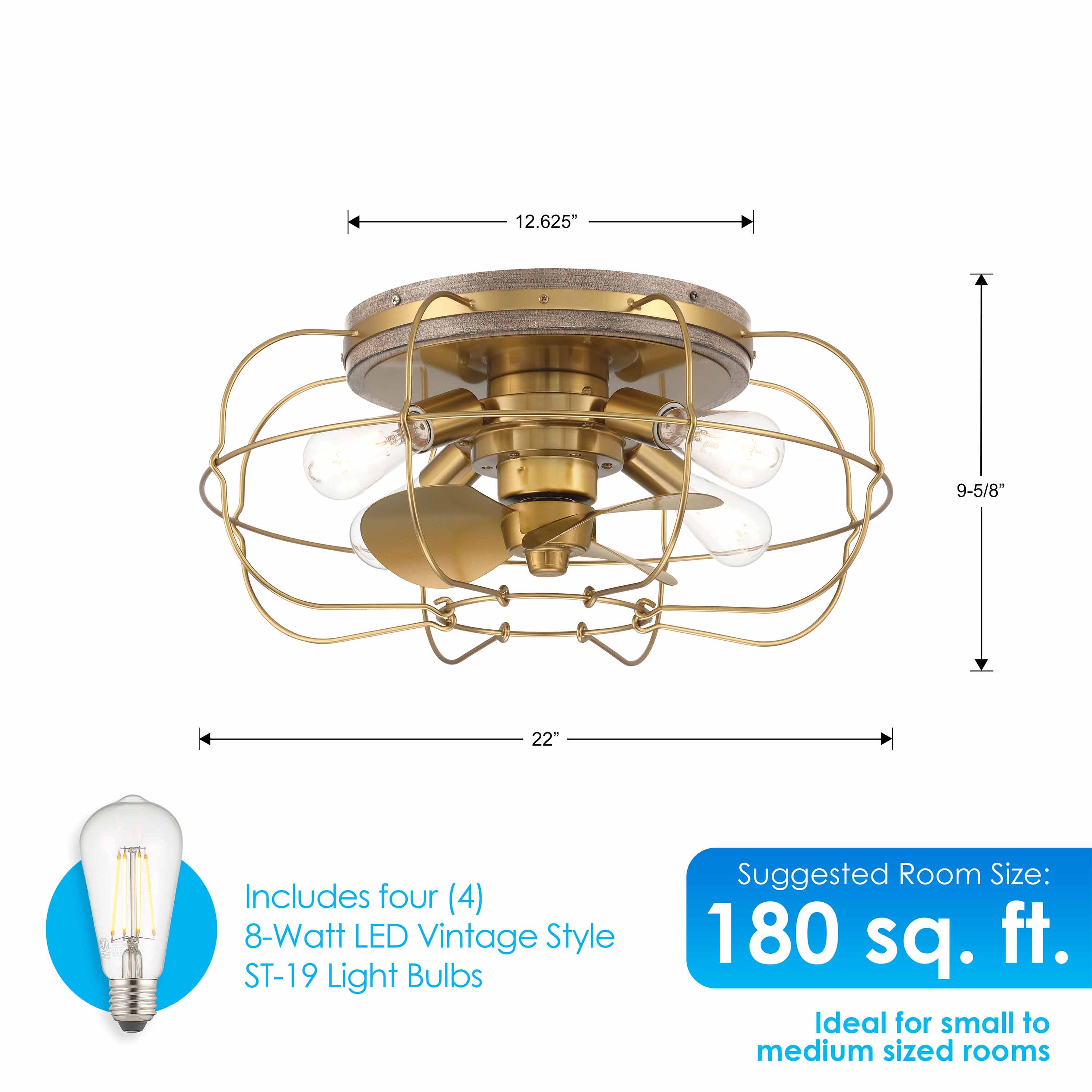 Jaxon Caged Ceiling Fan - 22" Flush Mount Fandelier- Aged Brass Finish shown with dimensions