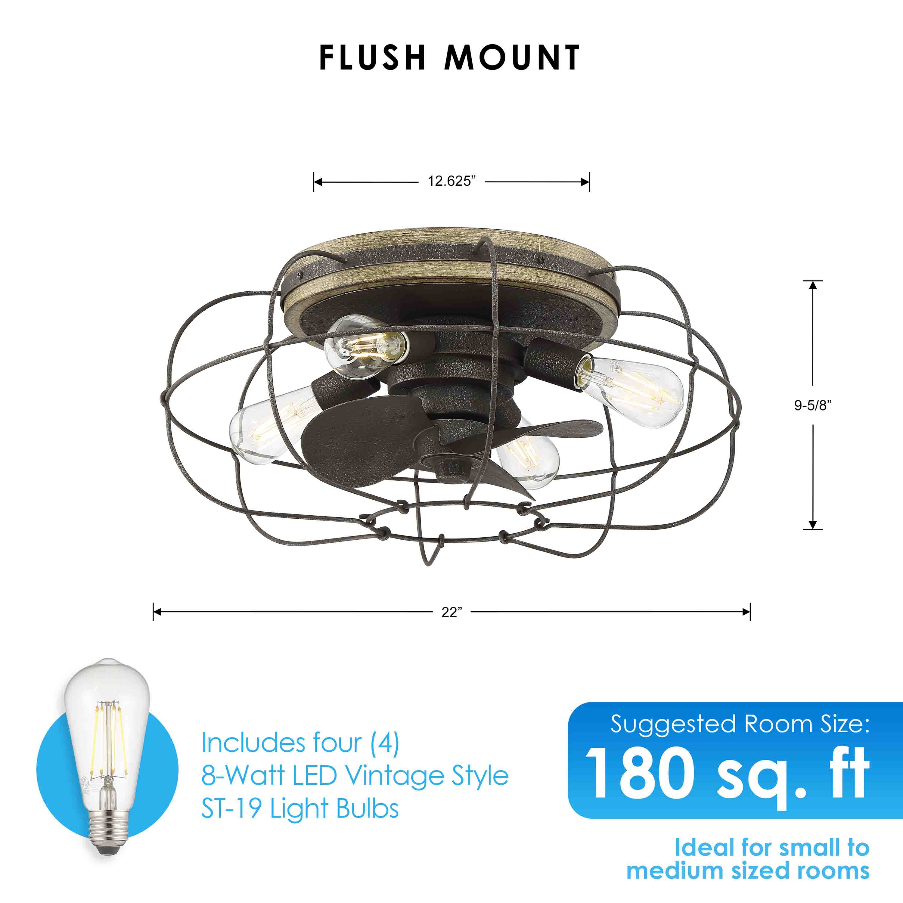 dimensions of JAXON® 22" Flush Mount Caged Ceiling Fan shown in Charred Iron Finish
