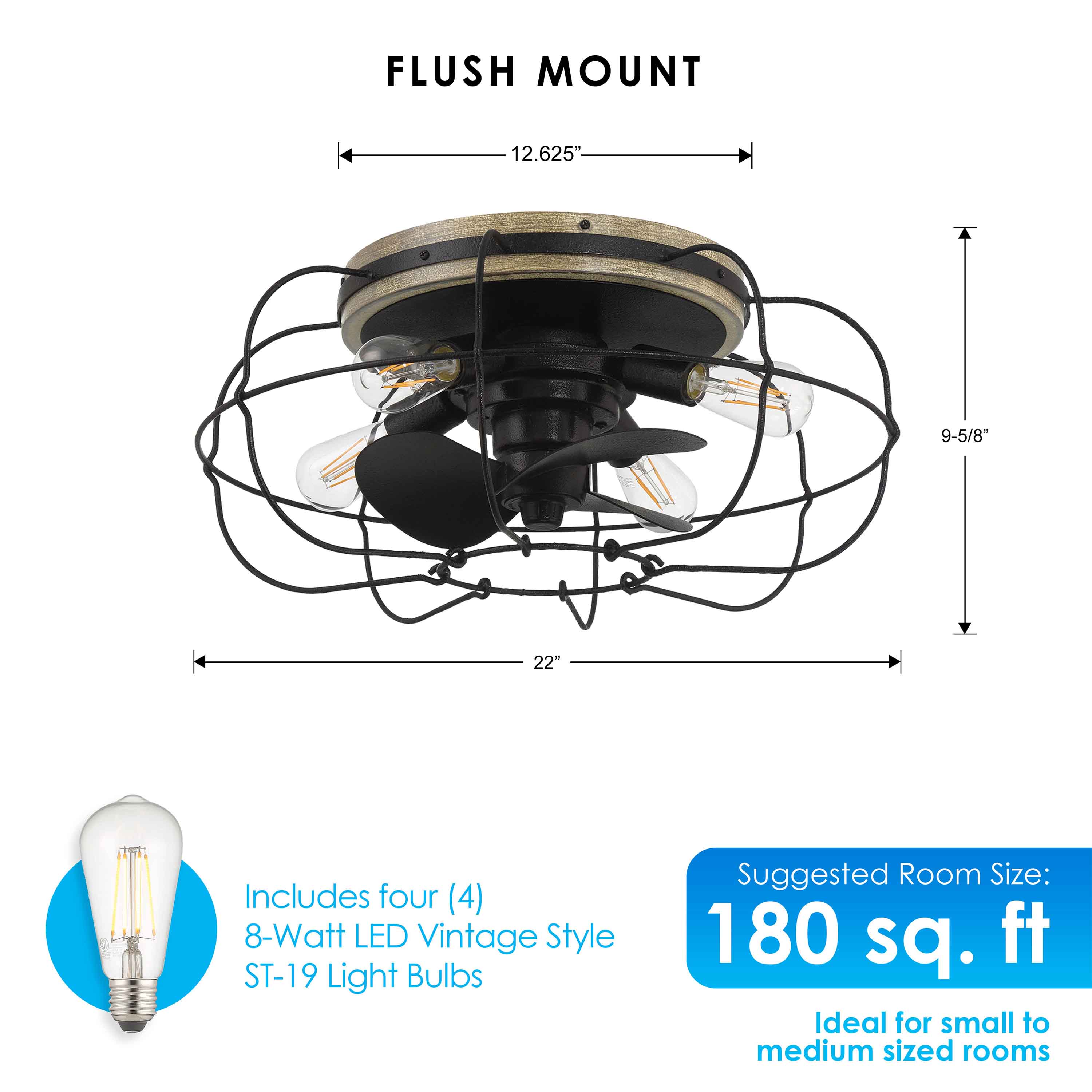 Dimensions of JAXON® 22" Flush Mount Caged Ceiling Fan in Textured Satin Black Finish