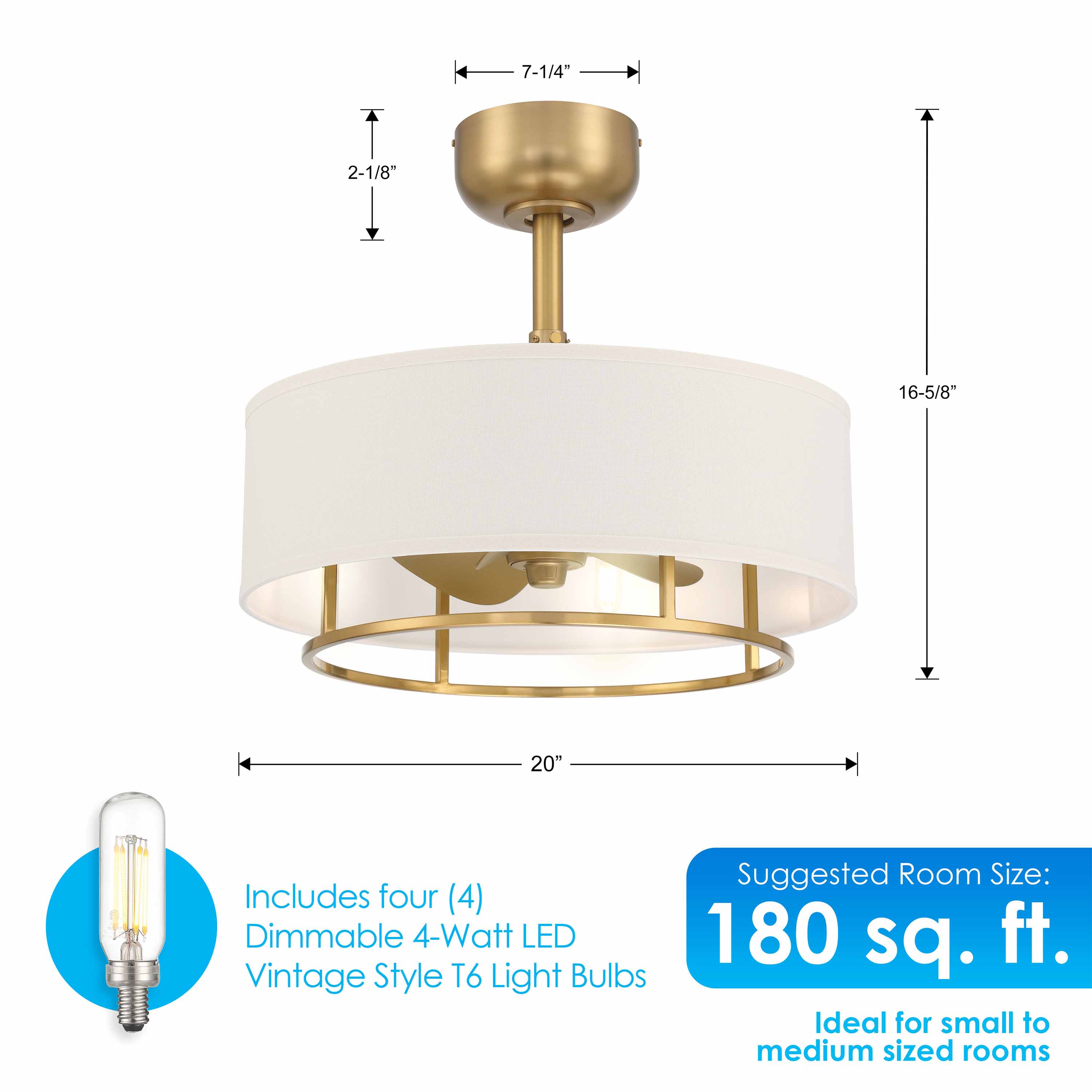 Dimensions of KAITI™ Fandelier 20" Drum Shade Ceiling Fan in Aged Brass