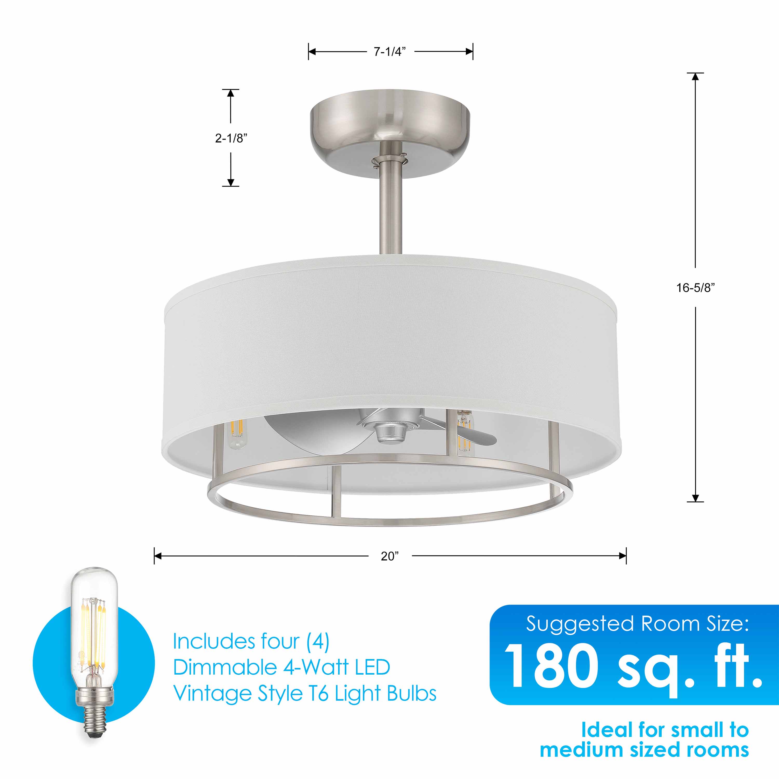 dimensions of KAITI™ Fandelier- 20"Drum Shade Ceiling Fan in Brushed Nickel finish