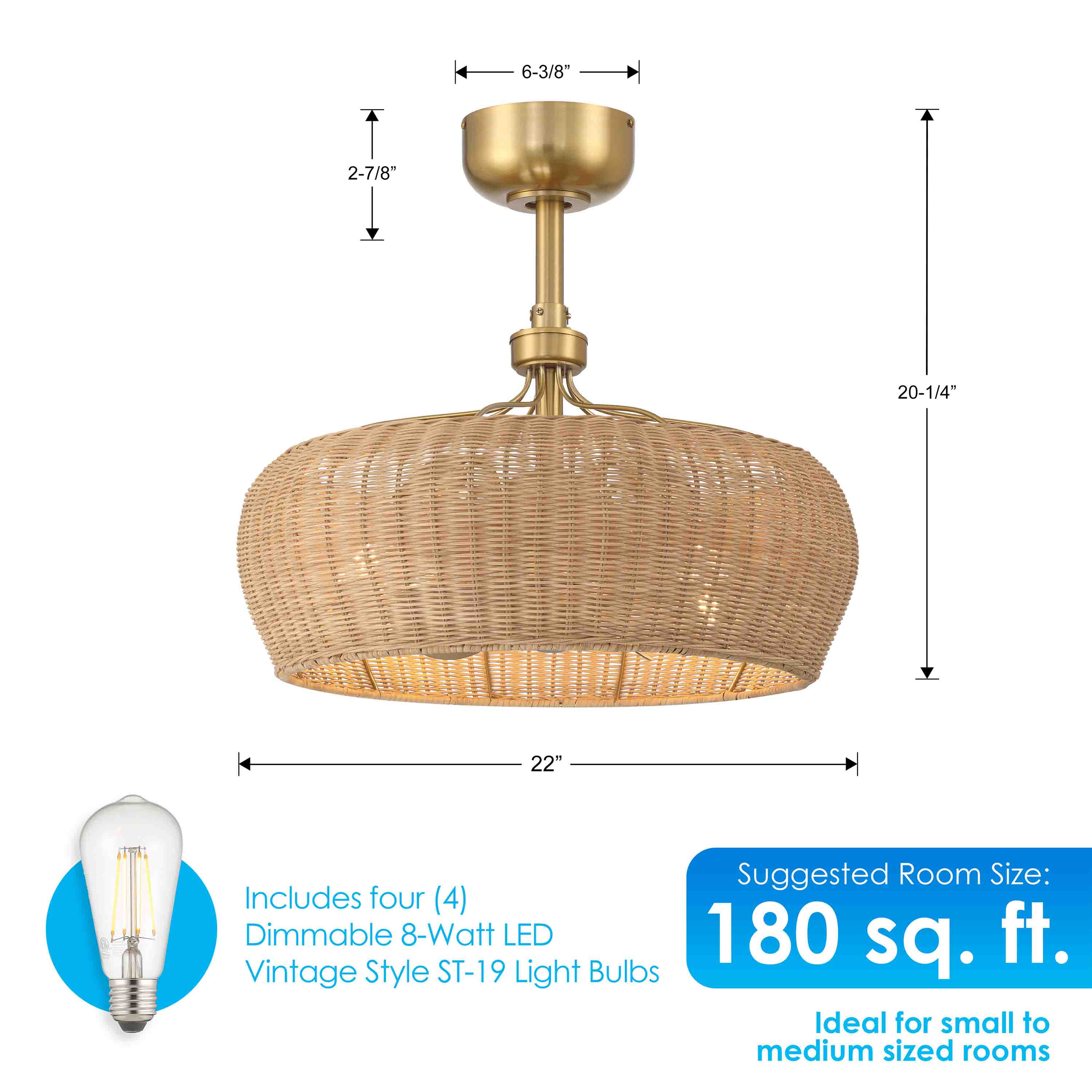 dimensions of Maribel Fandelier Rattan 22inch Ceiling Fan in Aged Brass with LED lights and Remote Control