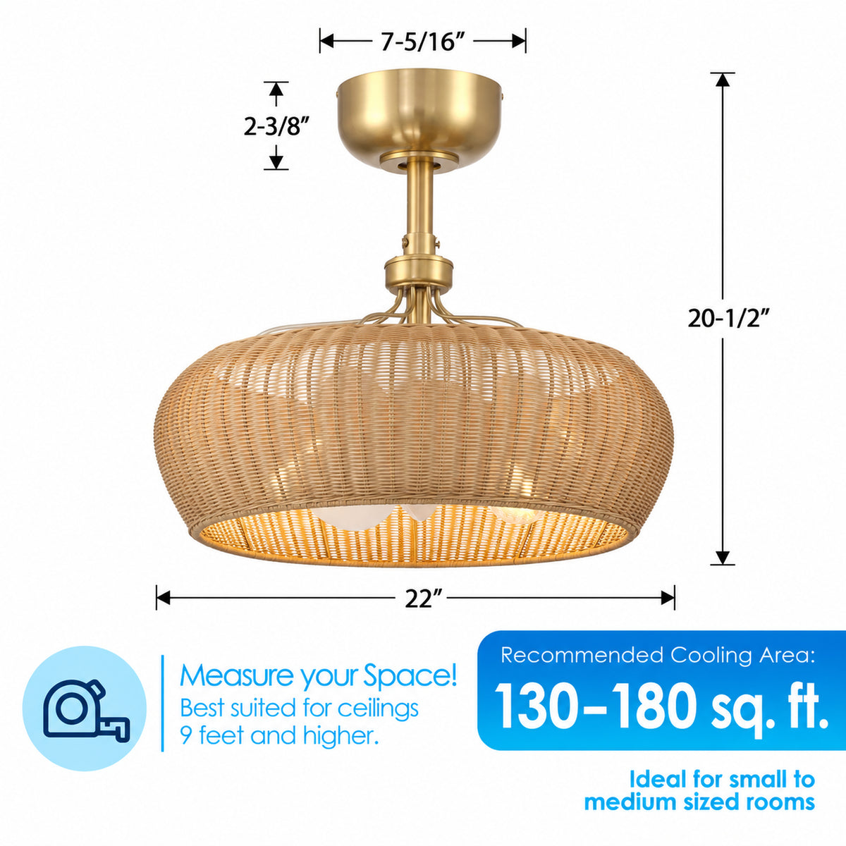 MARIBEL® Fandelier- 22" Rattan Shade Ceiling Fan- Aged Brass