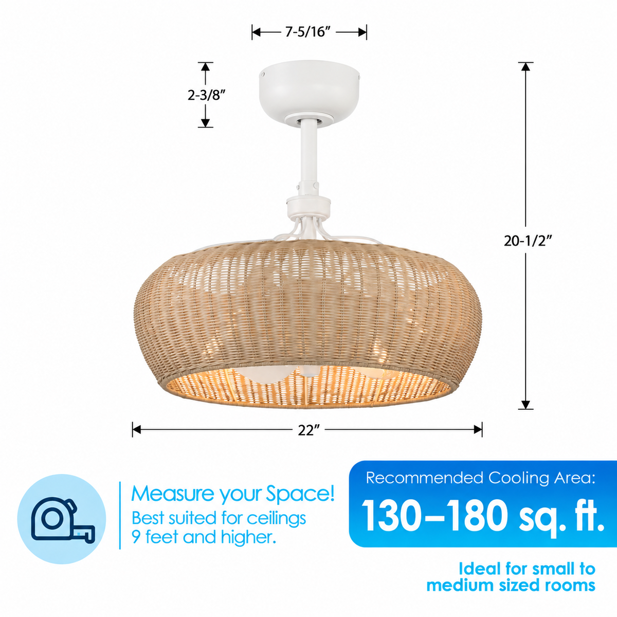MARIBEL® Fandelier- 22" Rattan Shade Ceiling Fan- Matte White