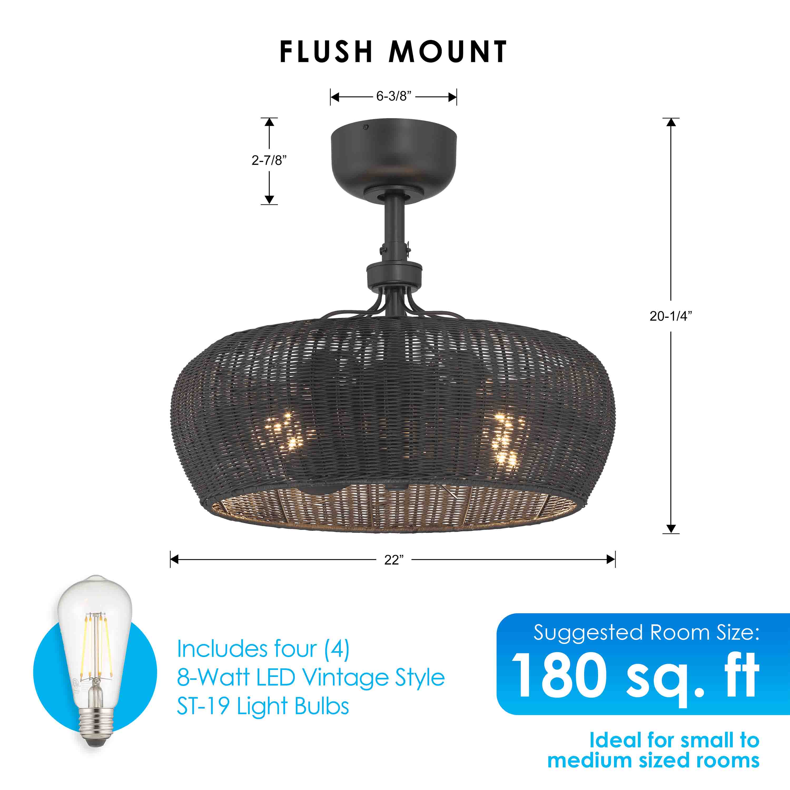 dimensions of MARIBEL® Fandelier- 22" Rattan Shade Ceiling Fan- Matte Black