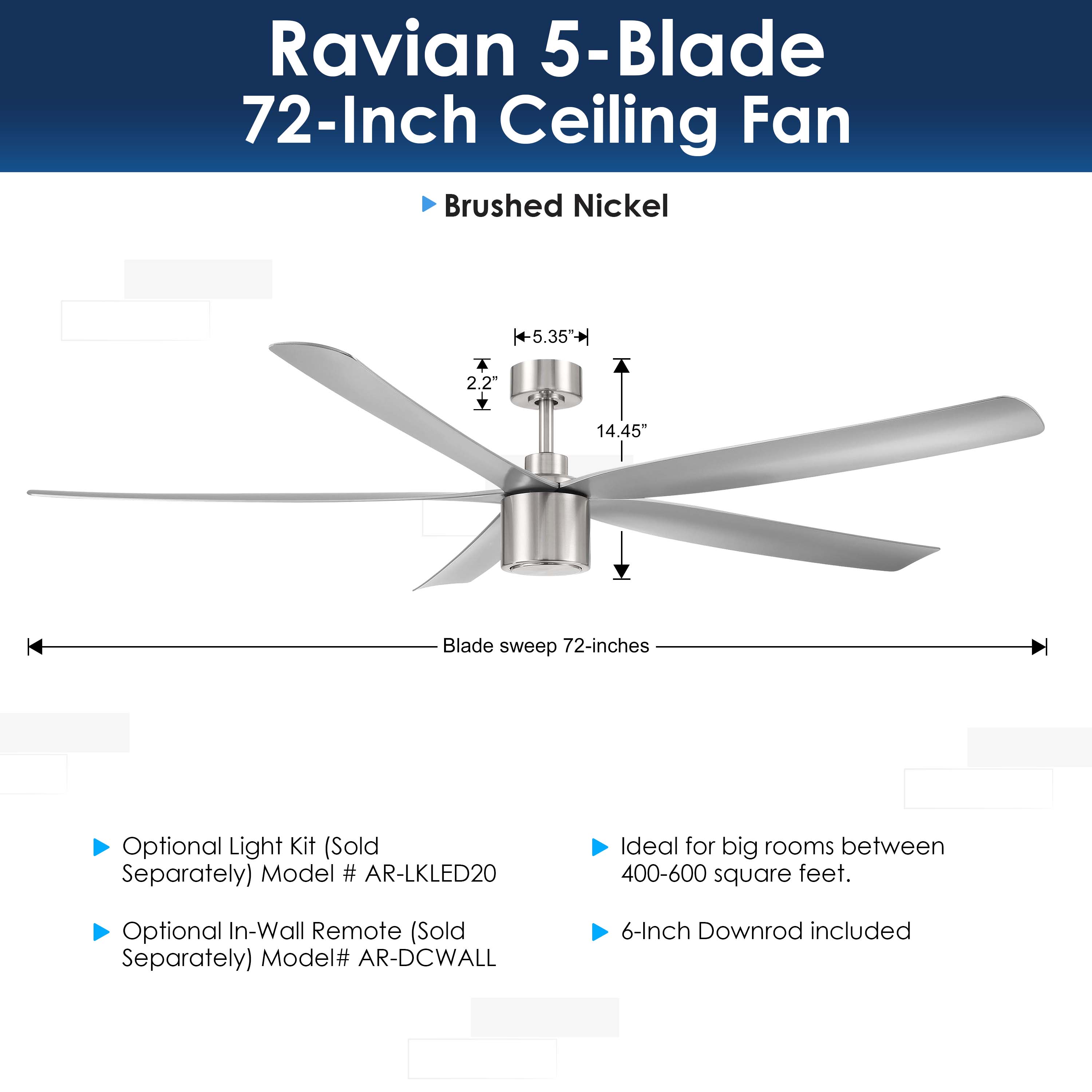 Ravian 5-blade 72-inch ceiling fan with specifications on a white background