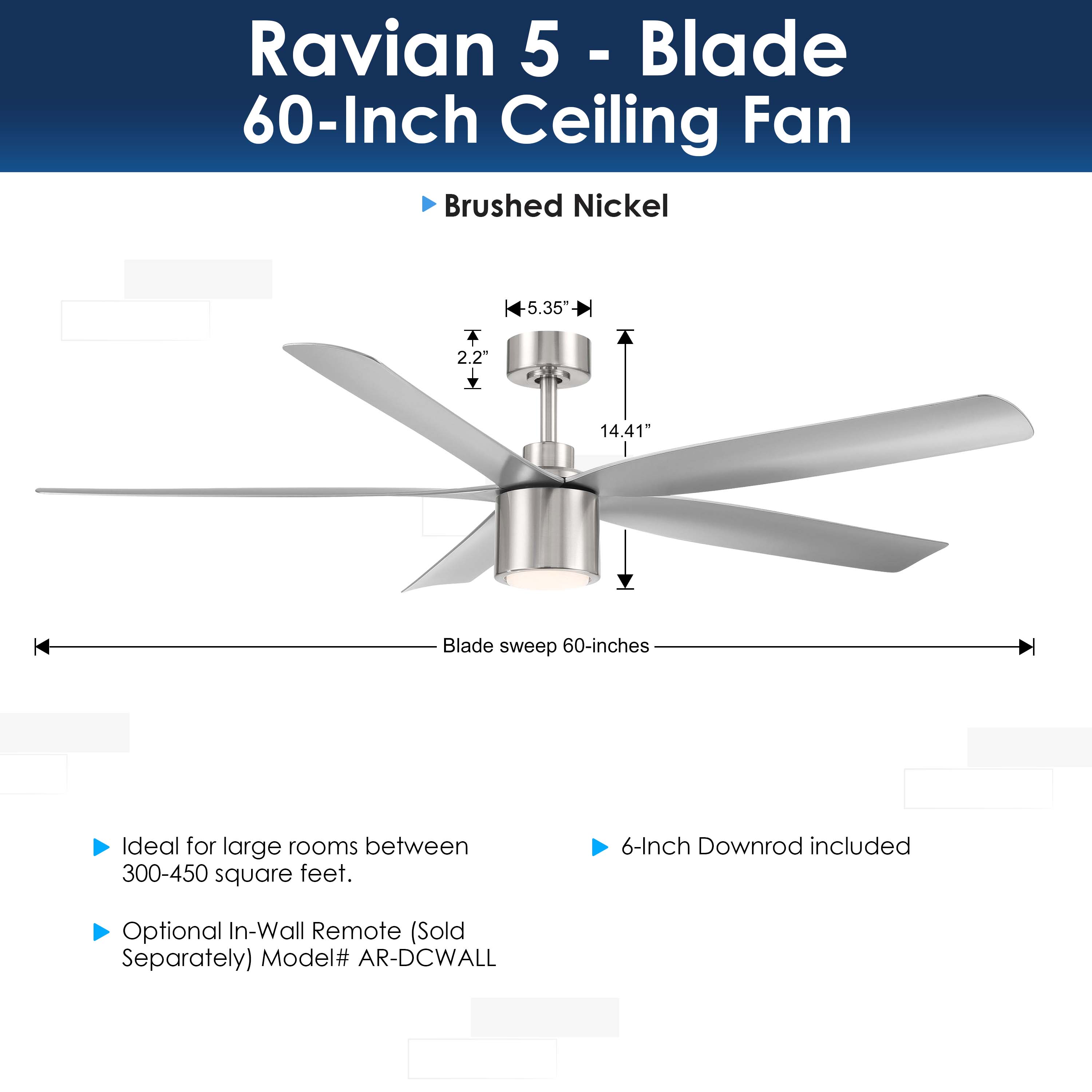 dimensions of RAVIAN® 60" 5-Blade Ceiling Fan