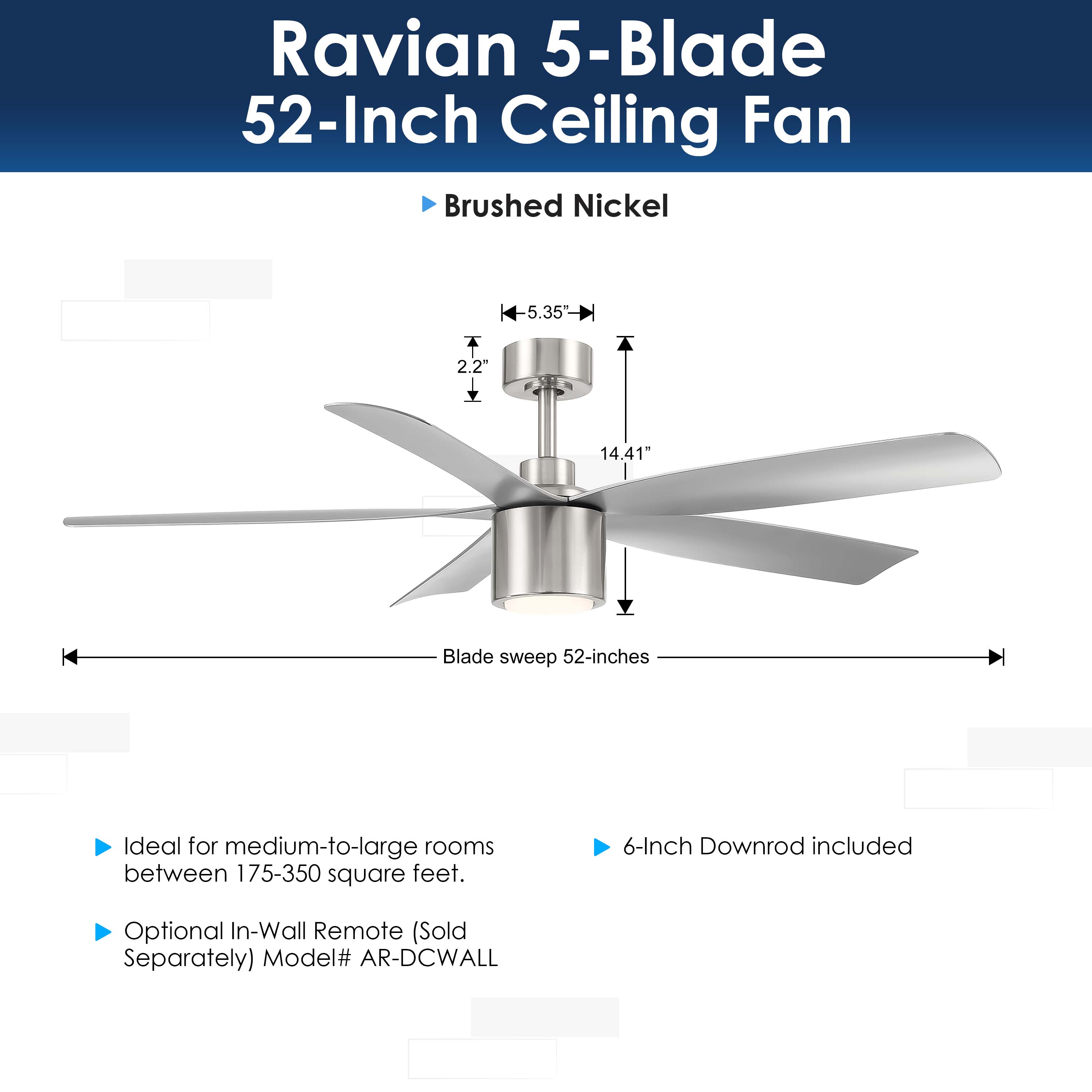 dimensions of RAVIAN® 52" 5-Blade Ceiling Fan in brushed nickel